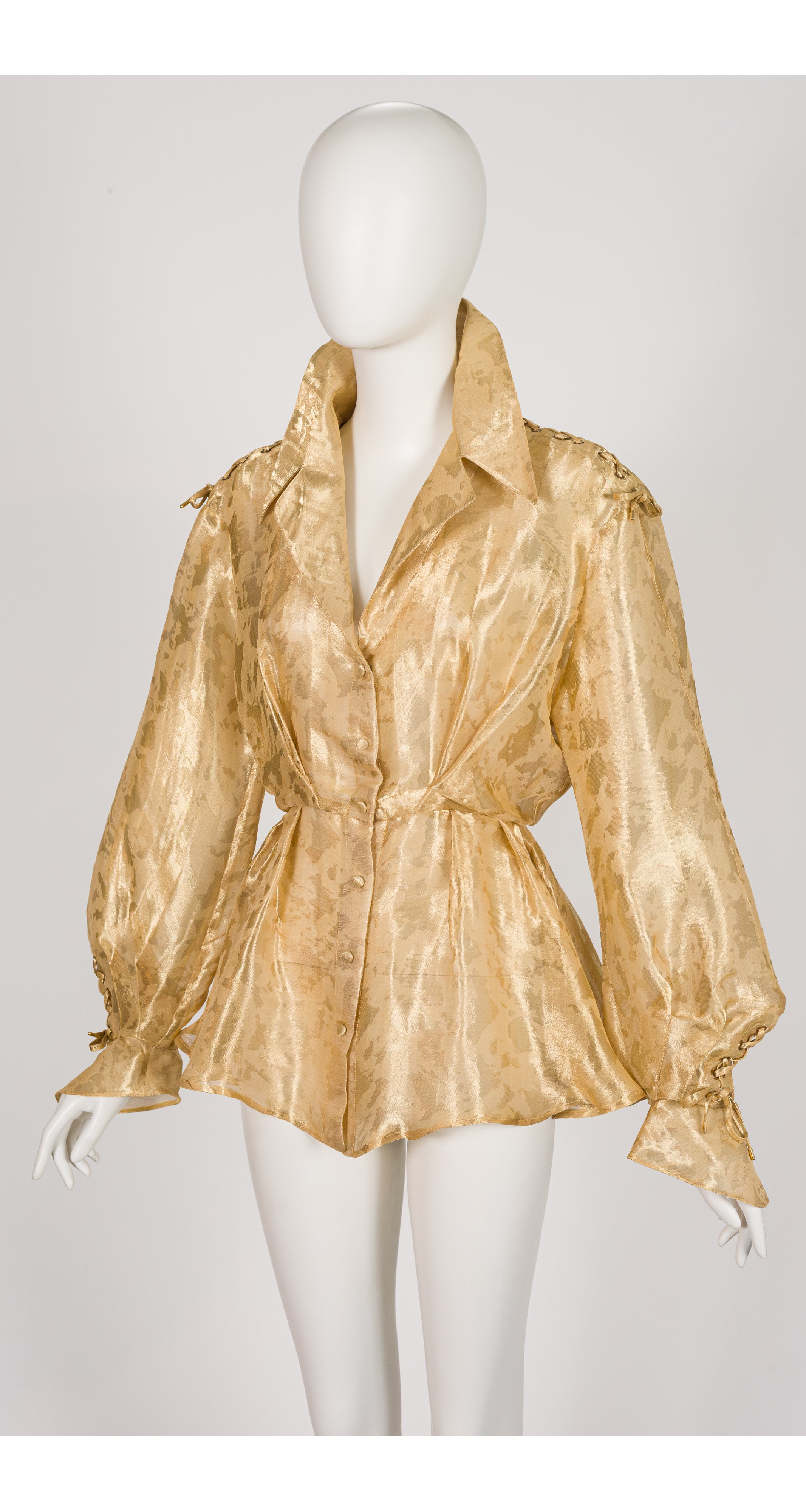 1990s Gold Organza Bishop Sleeve Peplum Blouse