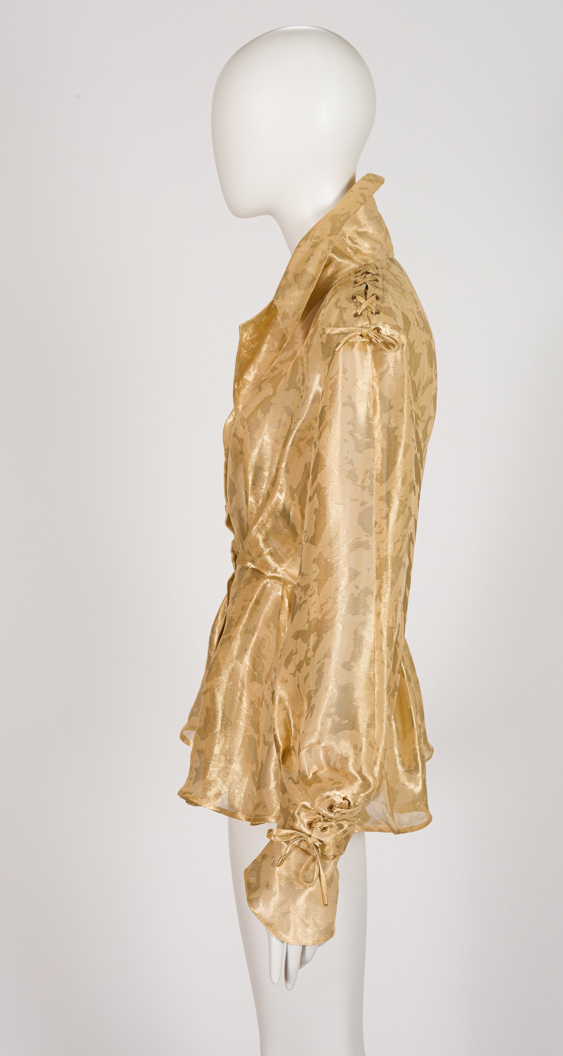 1990s Gold Organza Bishop Sleeve Peplum Blouse