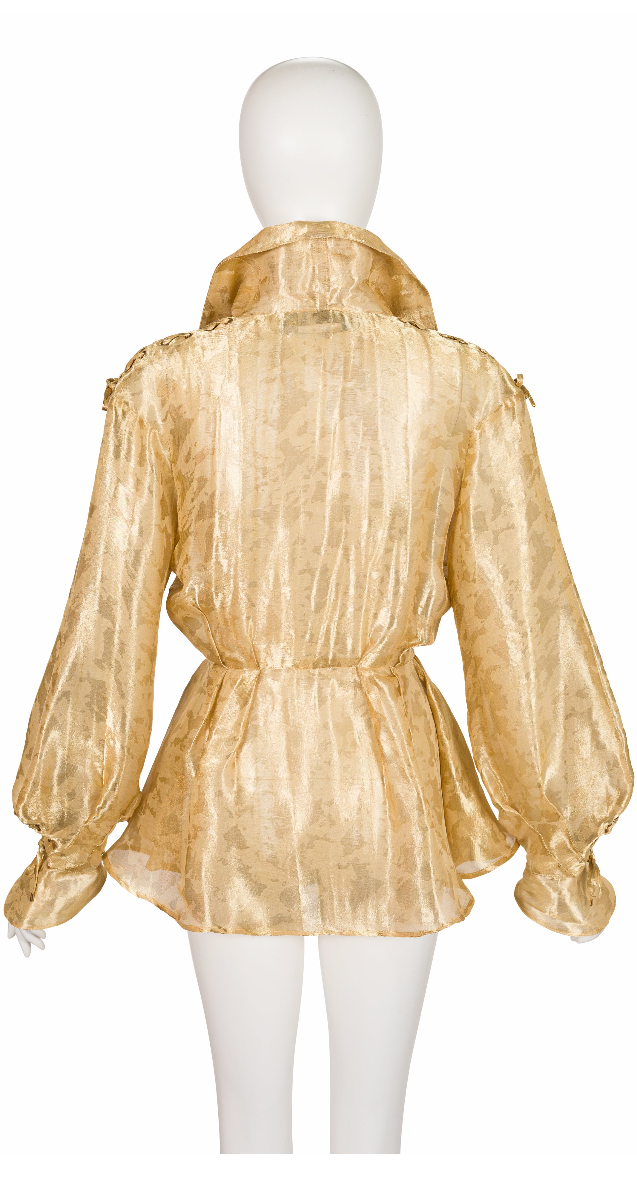 1990s Gold Organza Bishop Sleeve Peplum Blouse