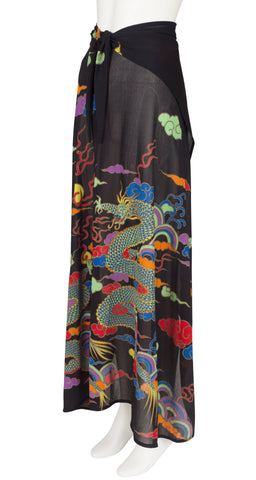 1970s Dragon Print Black Beach Sarong Dress