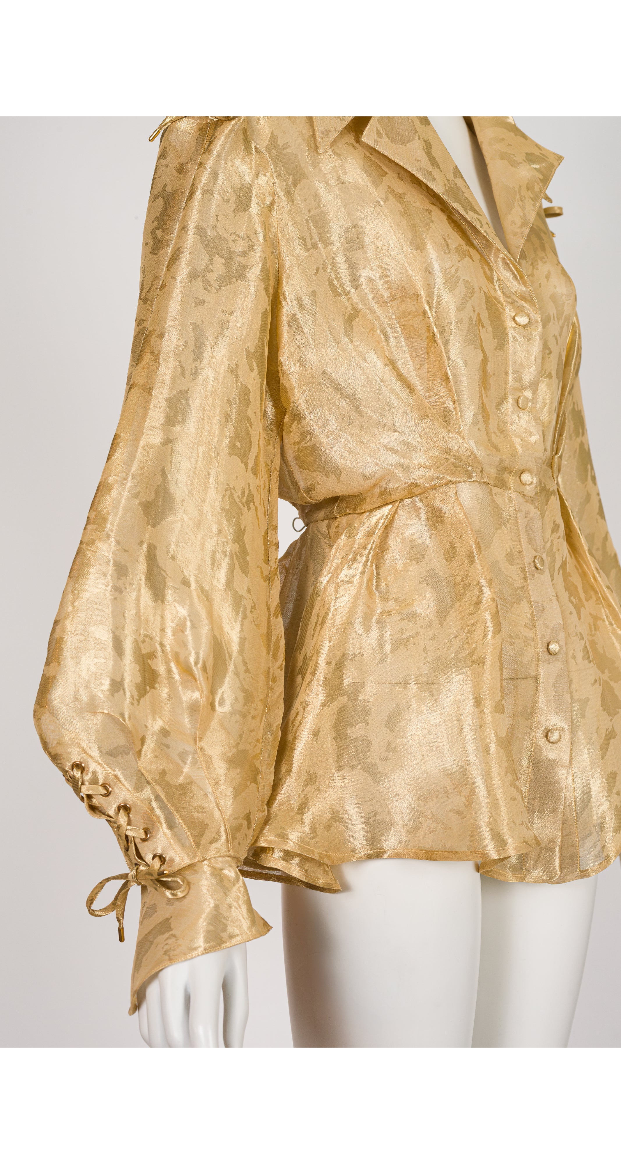 1990s Gold Organza Bishop Sleeve Peplum Blouse