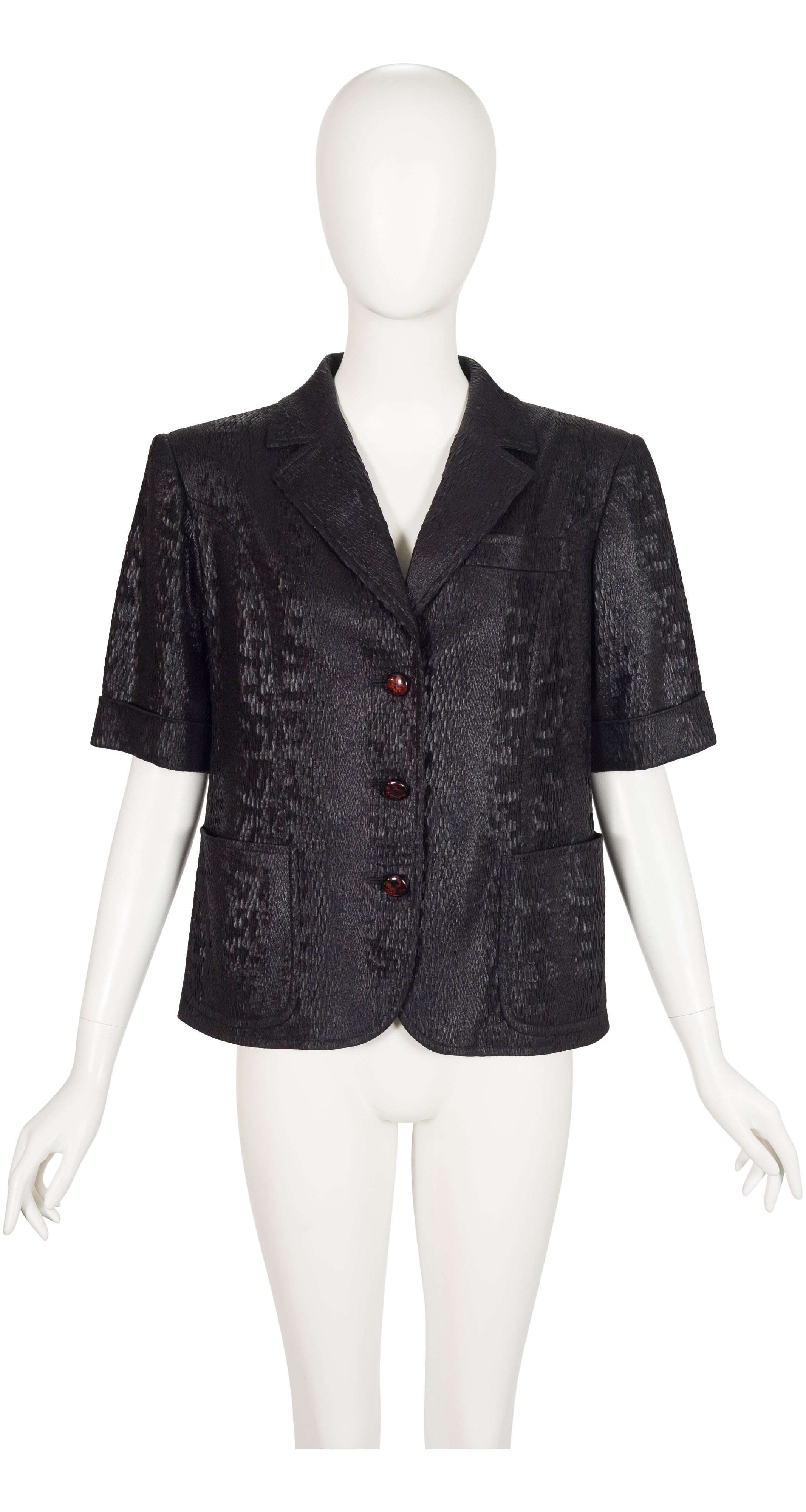 1990s Black Faux Python Skin Short Sleeve Jacket