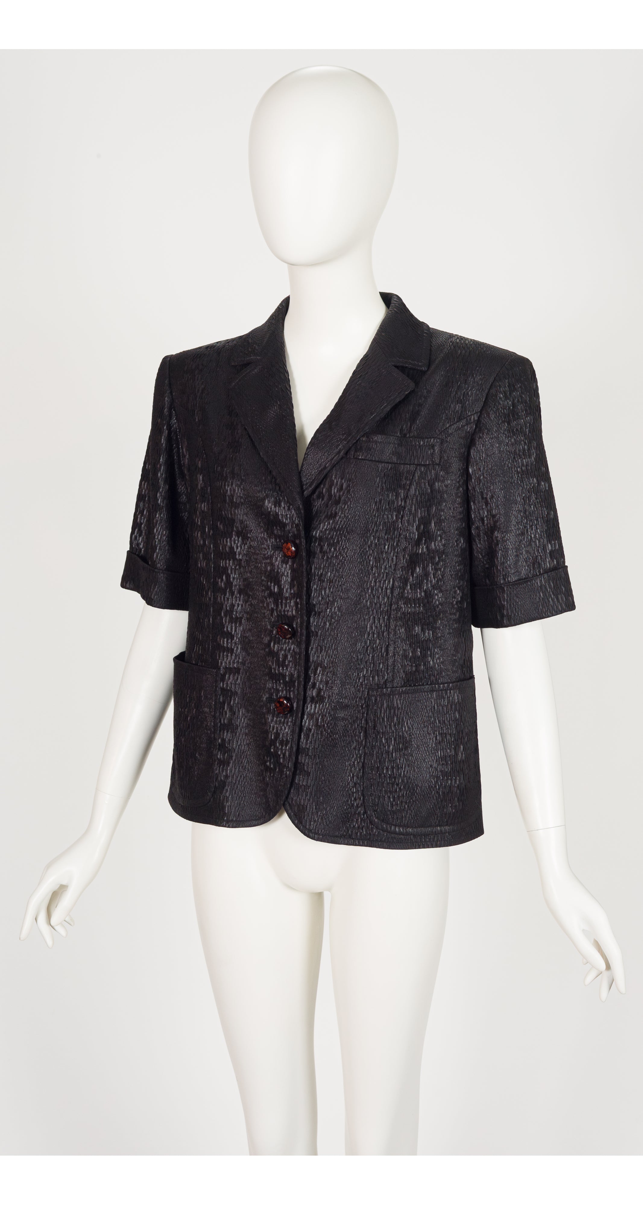 1990s Black Faux Python Skin Short Sleeve Jacket