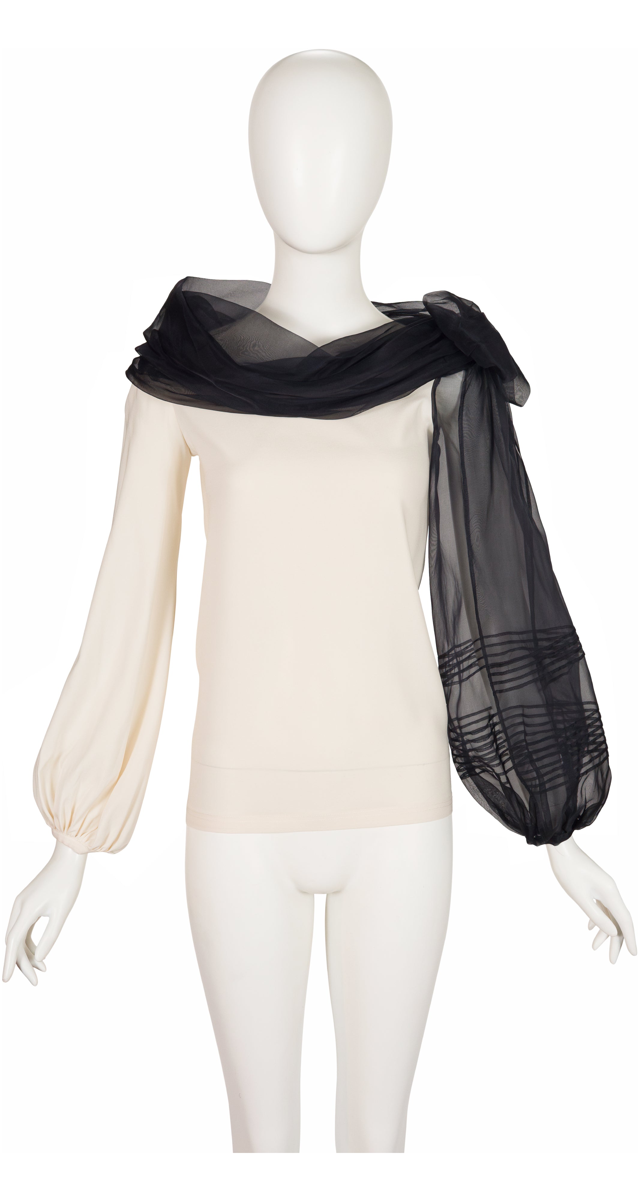 2000s Ivory Silk Black Organza Balloon Sleeve Blouse