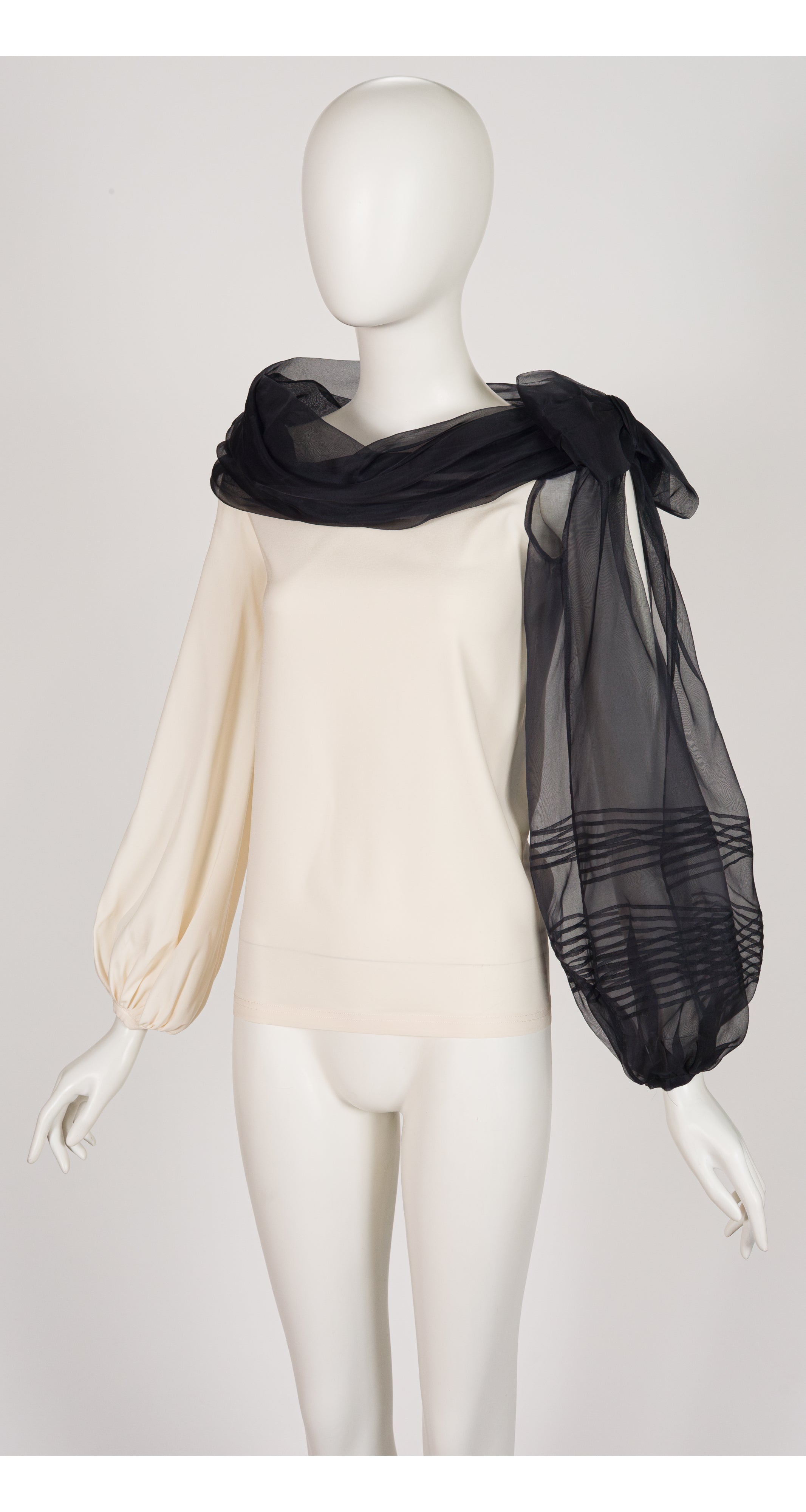 2000s Ivory Silk Black Organza Balloon Sleeve Blouse