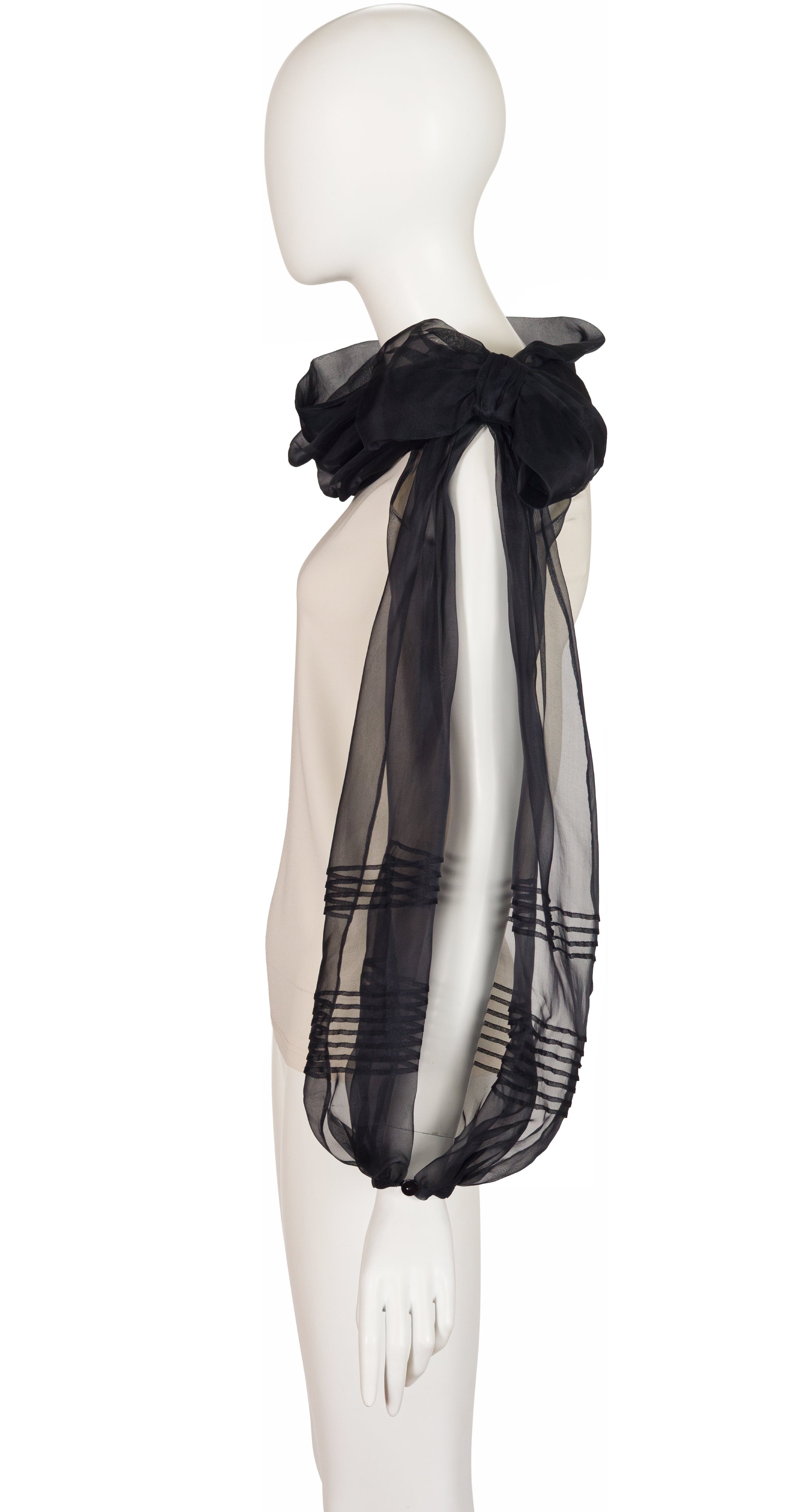 2000s Ivory Silk Black Organza Balloon Sleeve Blouse