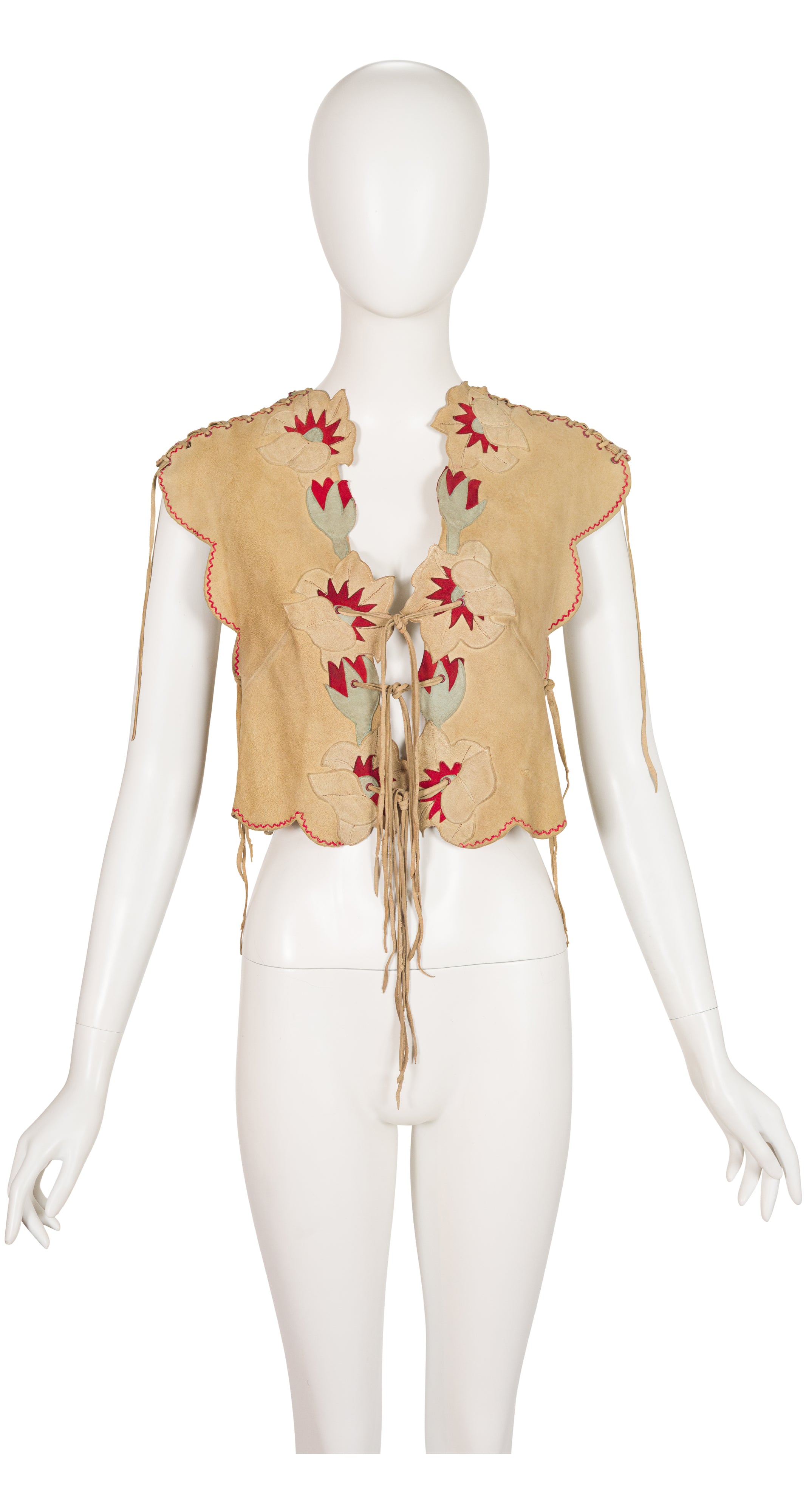 1970s Floral Appliqué Tan Suede Lace-Up Vest