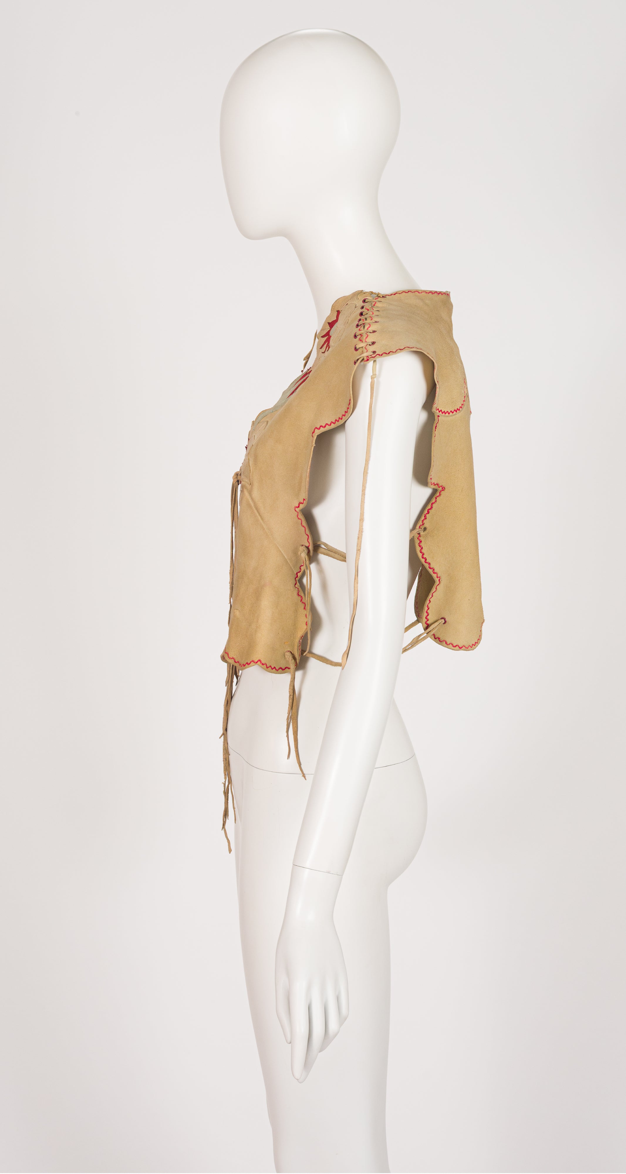 1970s Floral Appliqué Tan Suede Lace-Up Vest
