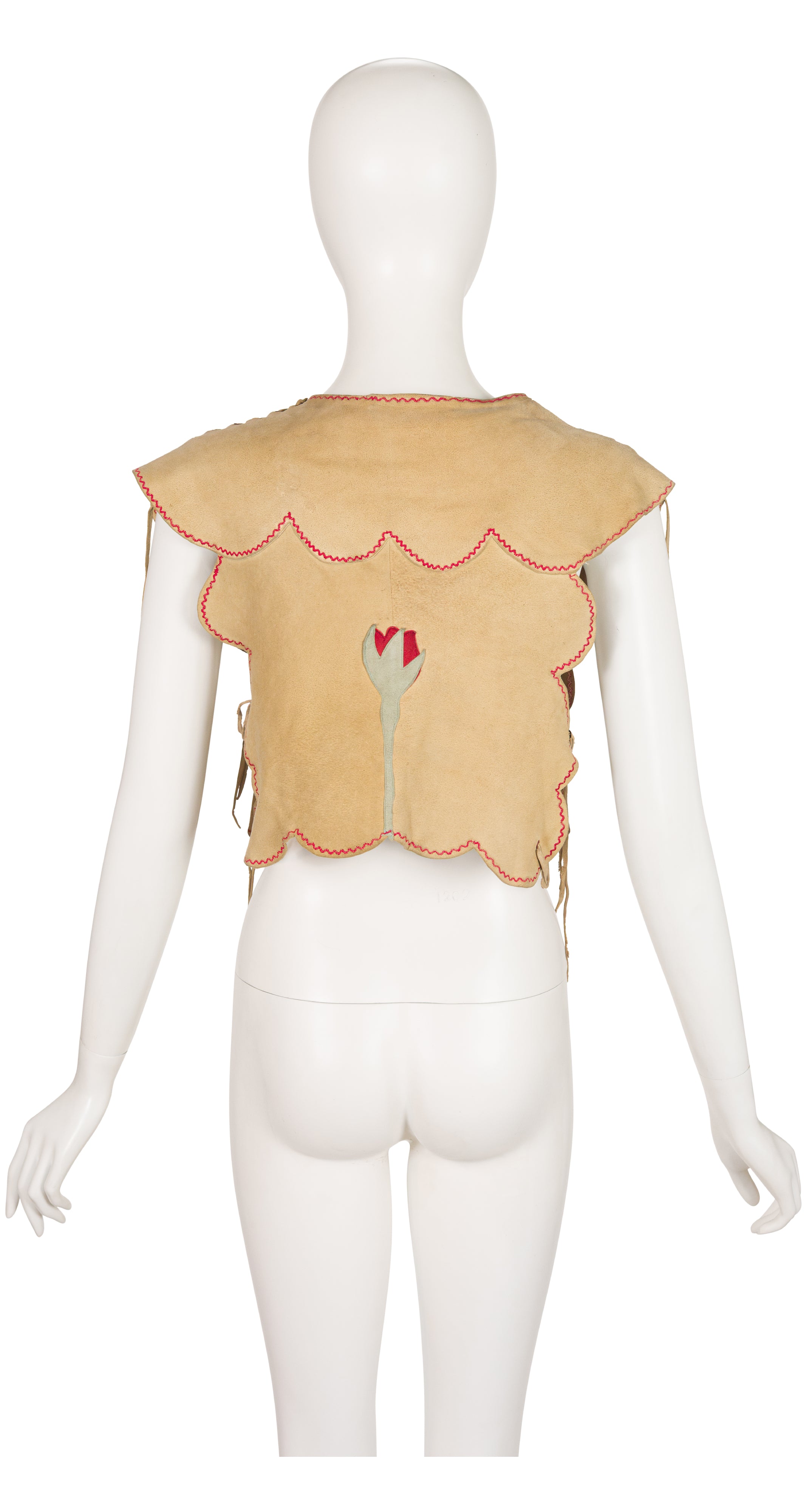 1970s Floral Appliqué Tan Suede Lace-Up Vest