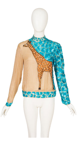 1980s Giraffe Print Sequin & Beaded Silk Chiffon Top