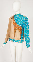 1980s Giraffe Print Sequin & Beaded Silk Chiffon Top