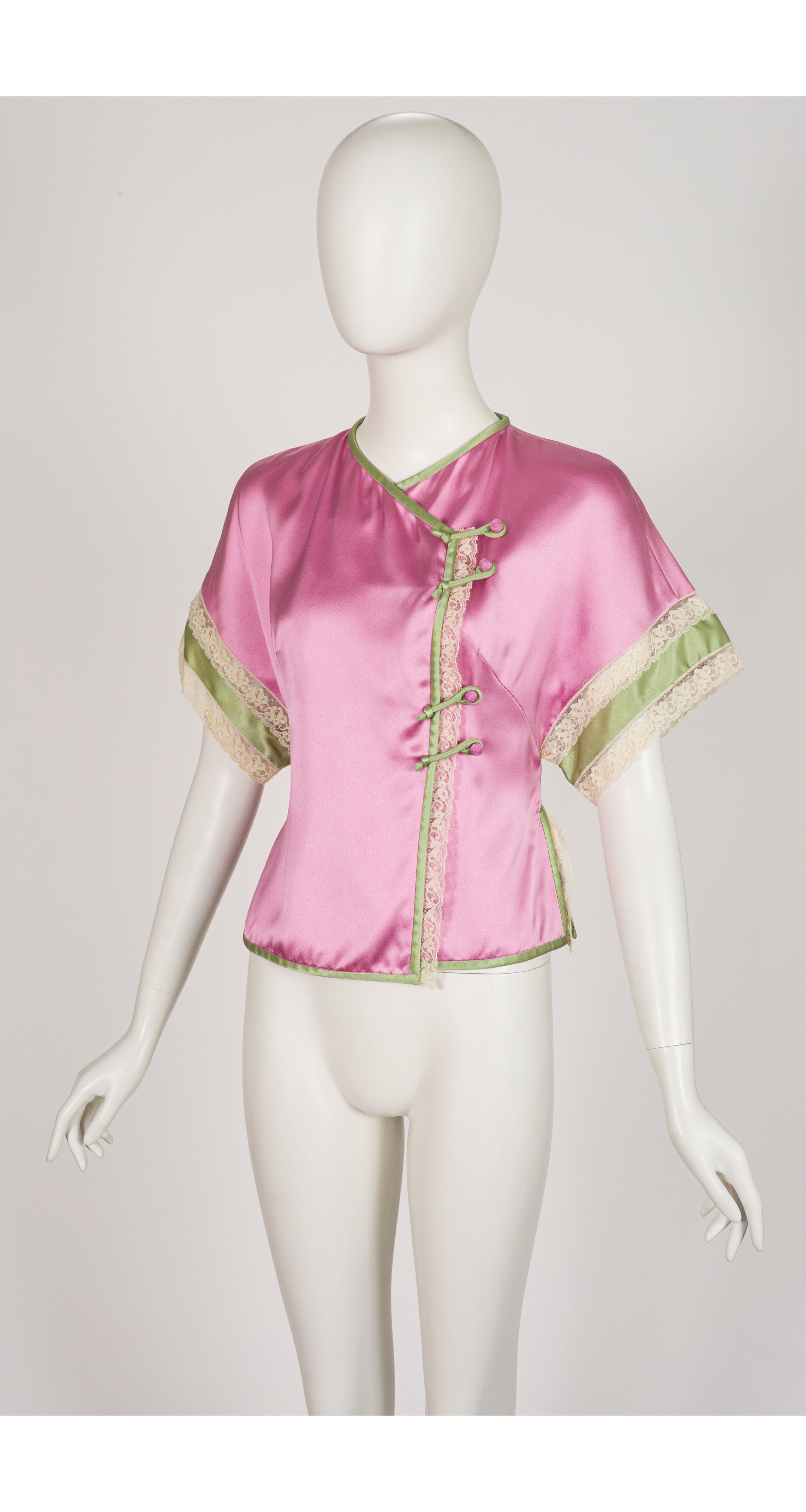 2006 S/S Pink Silk Lace Trim Short Sleeve Top