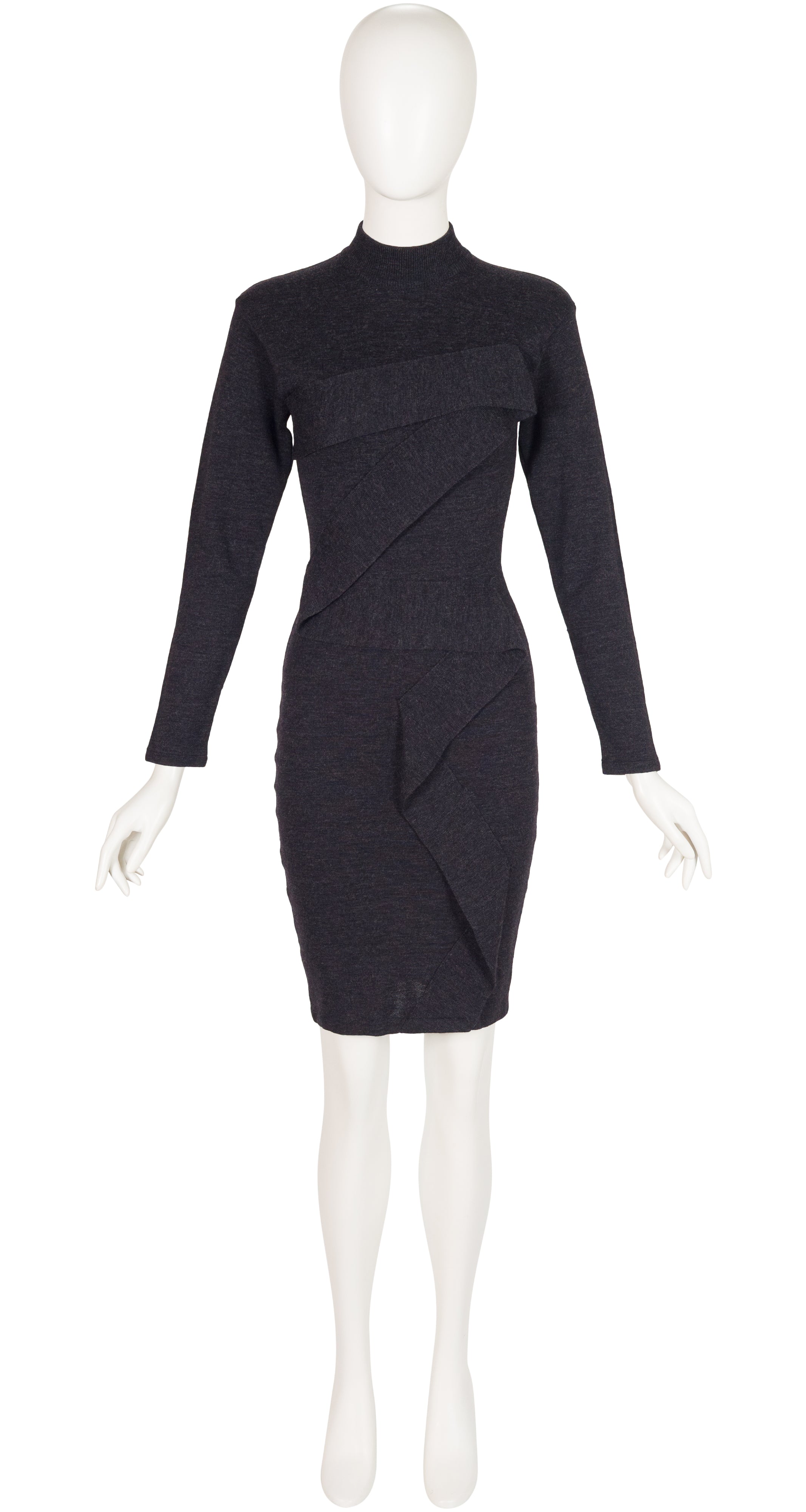 1980s Charcoal Zig-Zag Ribbon Wool Knit Dress