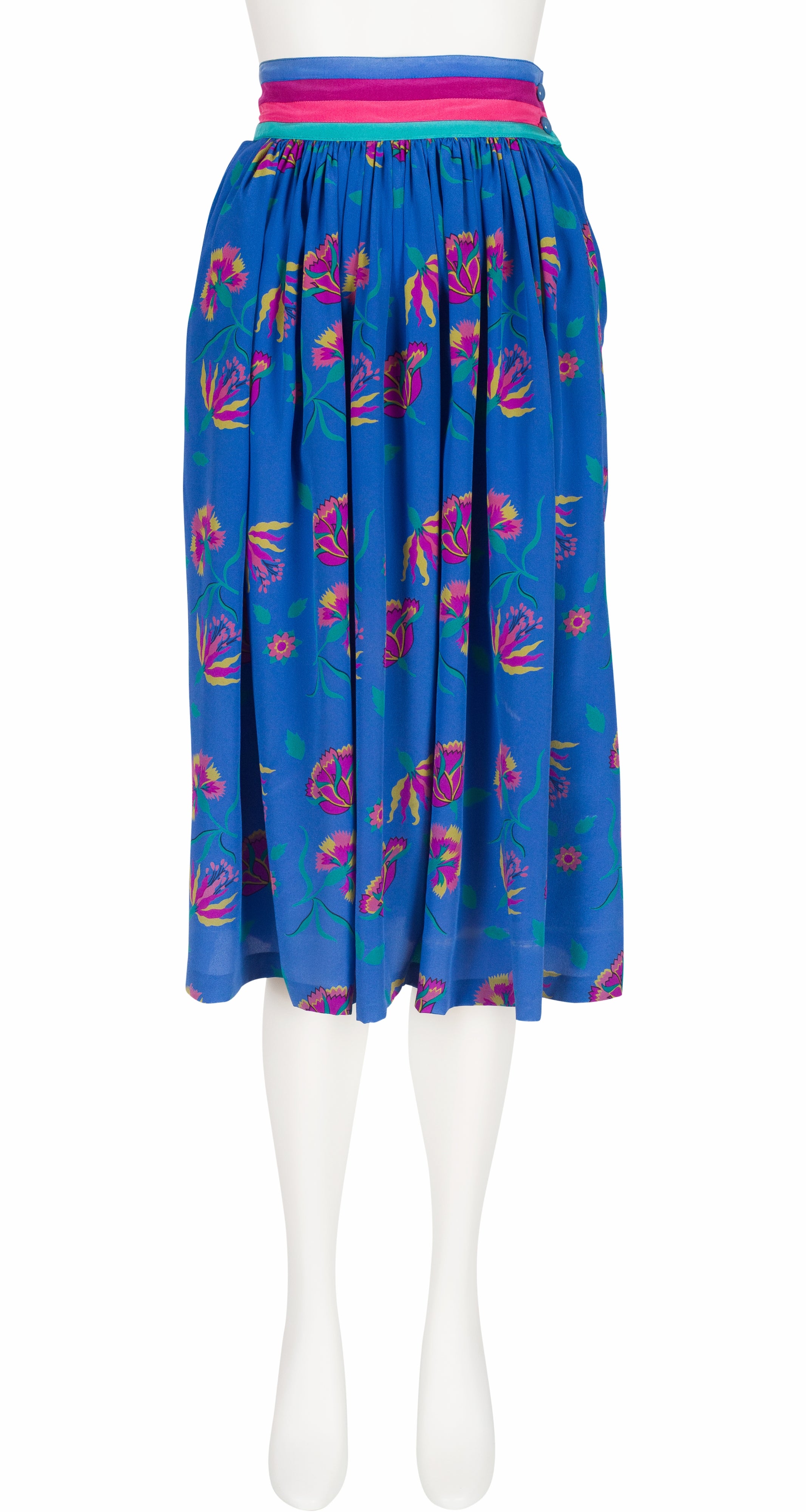 1980s Floral Blue Silk Pleated High-Waisted Skirt