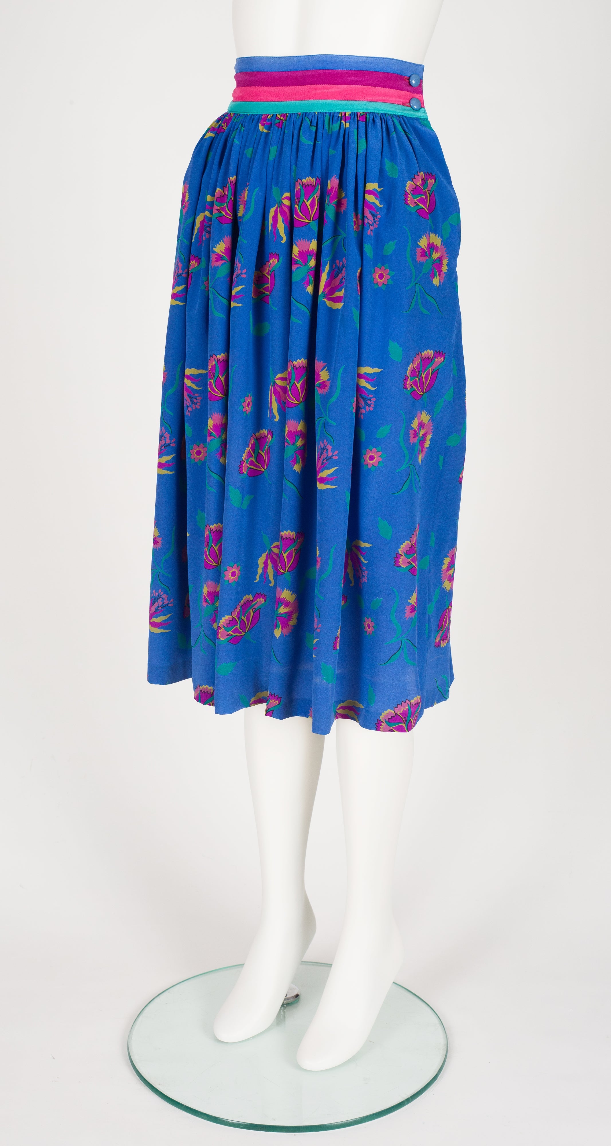 1980s Floral Blue Silk Pleated High-Waisted Skirt