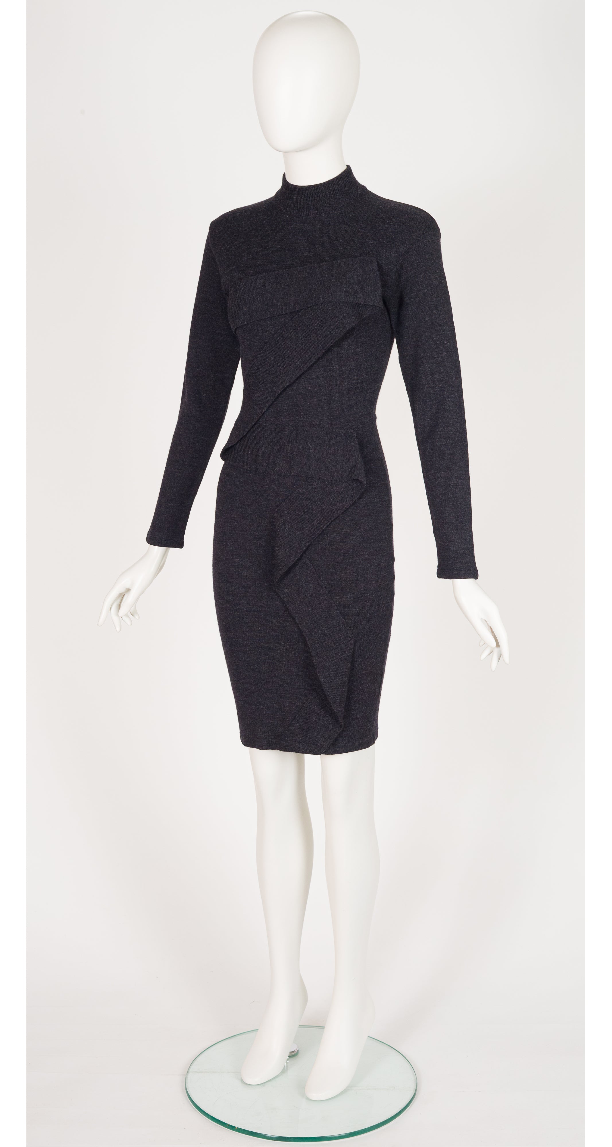 1980s Charcoal Zig-Zag Ribbon Wool Knit Dress