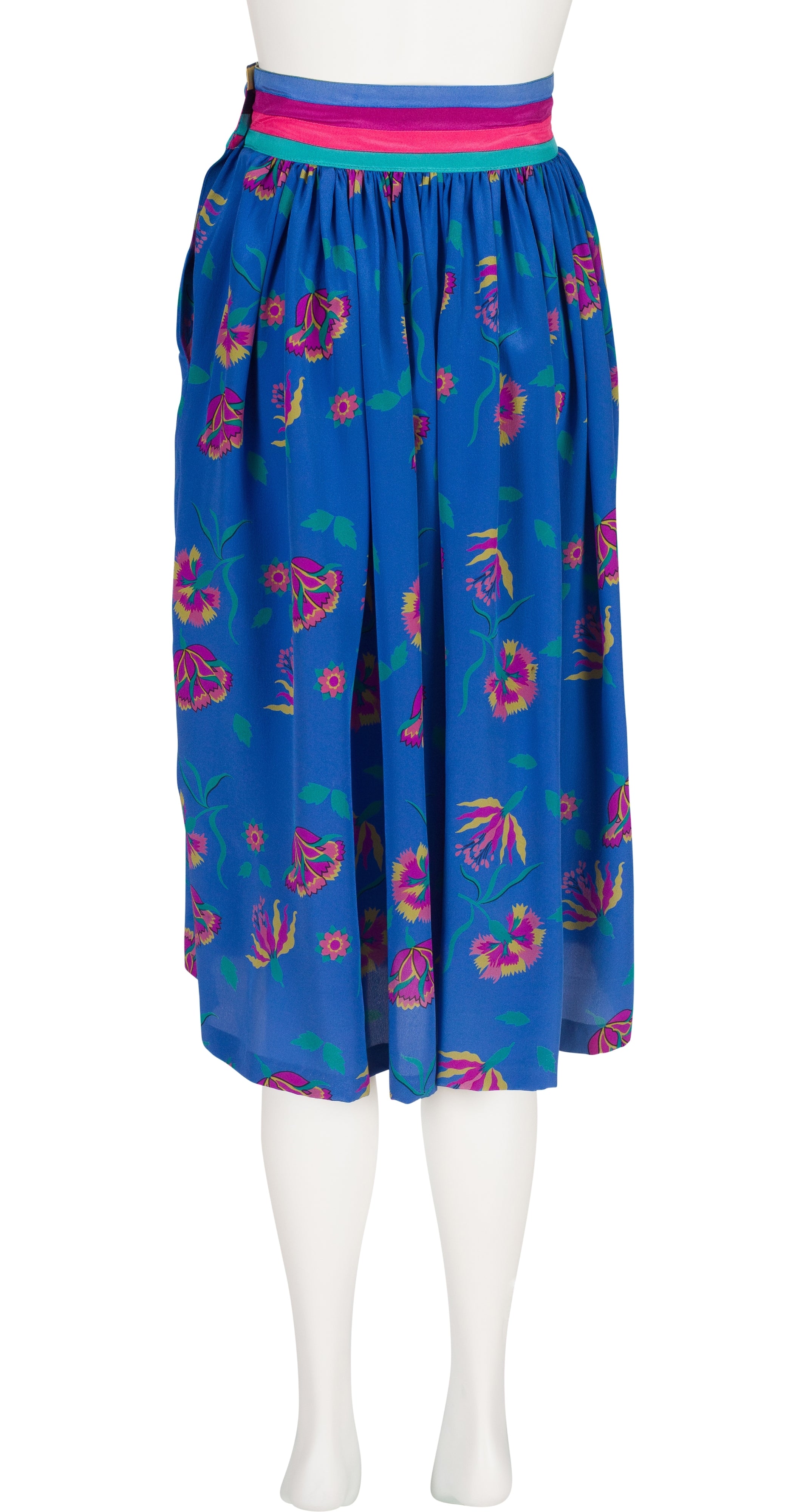 1980s Floral Blue Silk Pleated High-Waisted Skirt