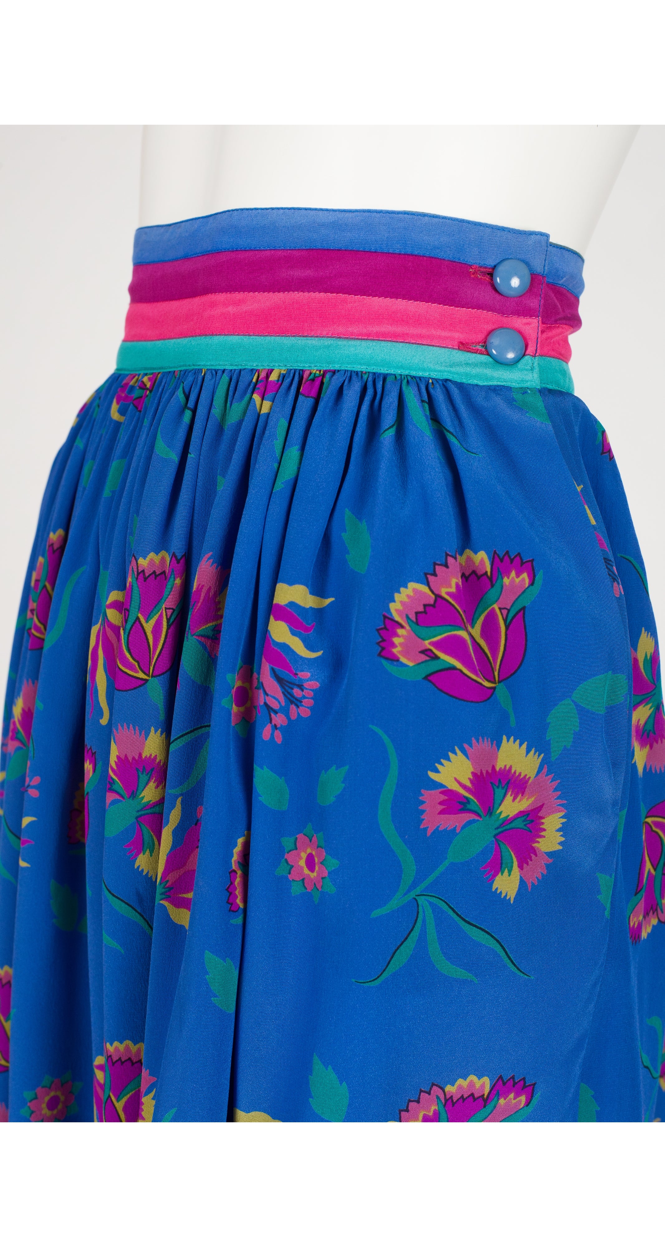 1980s Floral Blue Silk Pleated High-Waisted Skirt