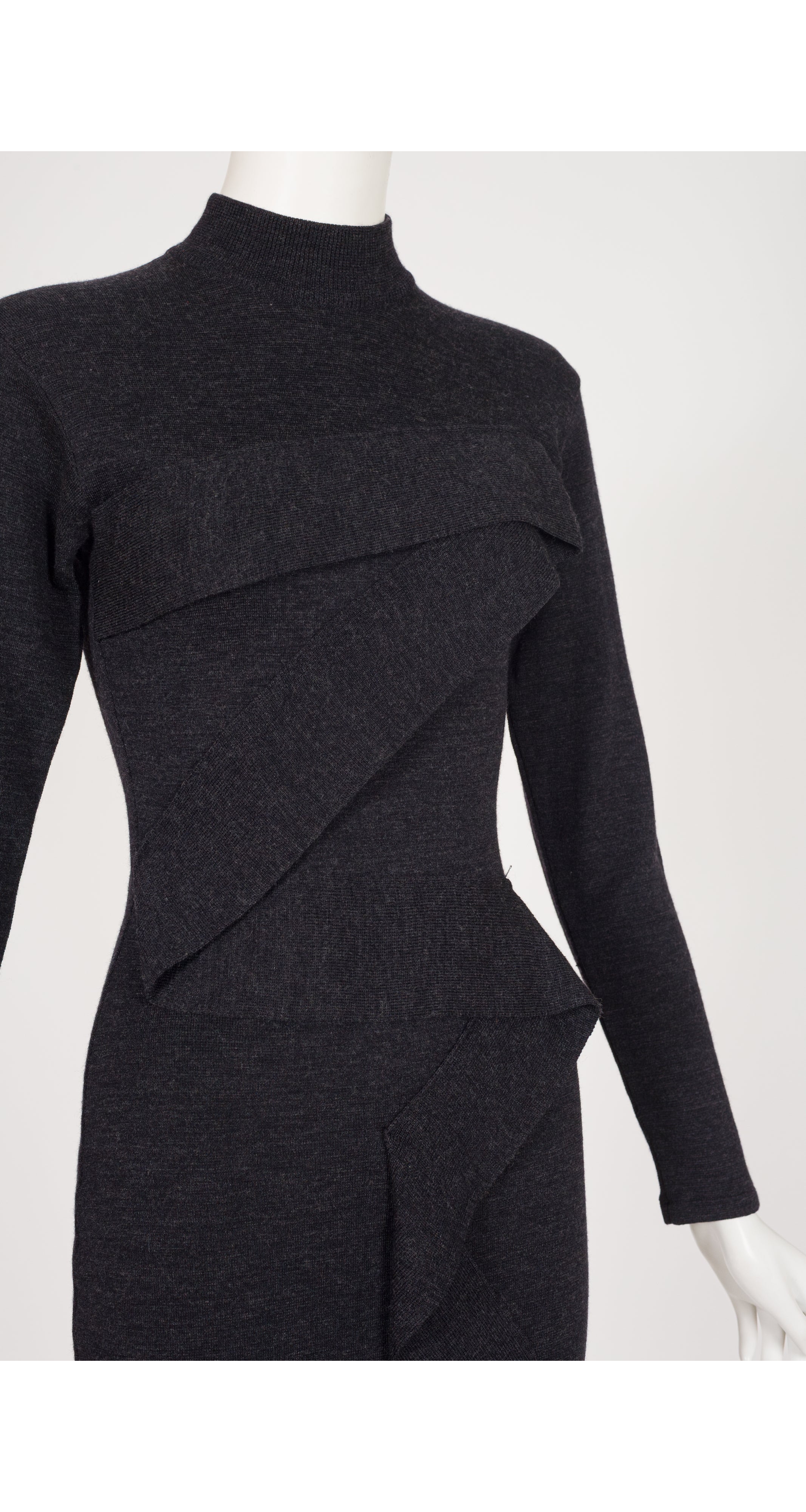 1980s Charcoal Zig-Zag Ribbon Wool Knit Dress