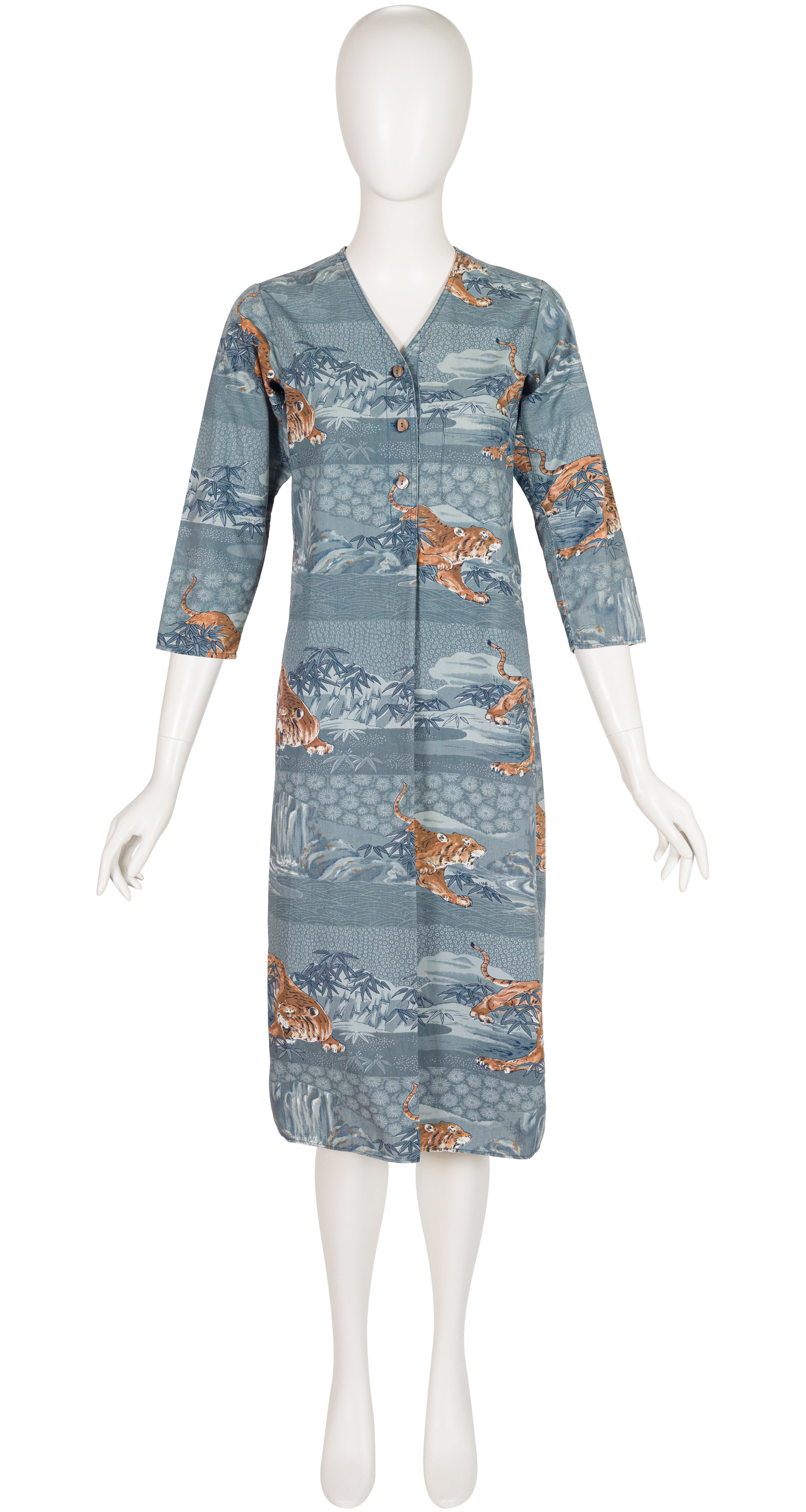 1976 S/S Tiger Print Slate Blue Cotton Tunic Dress