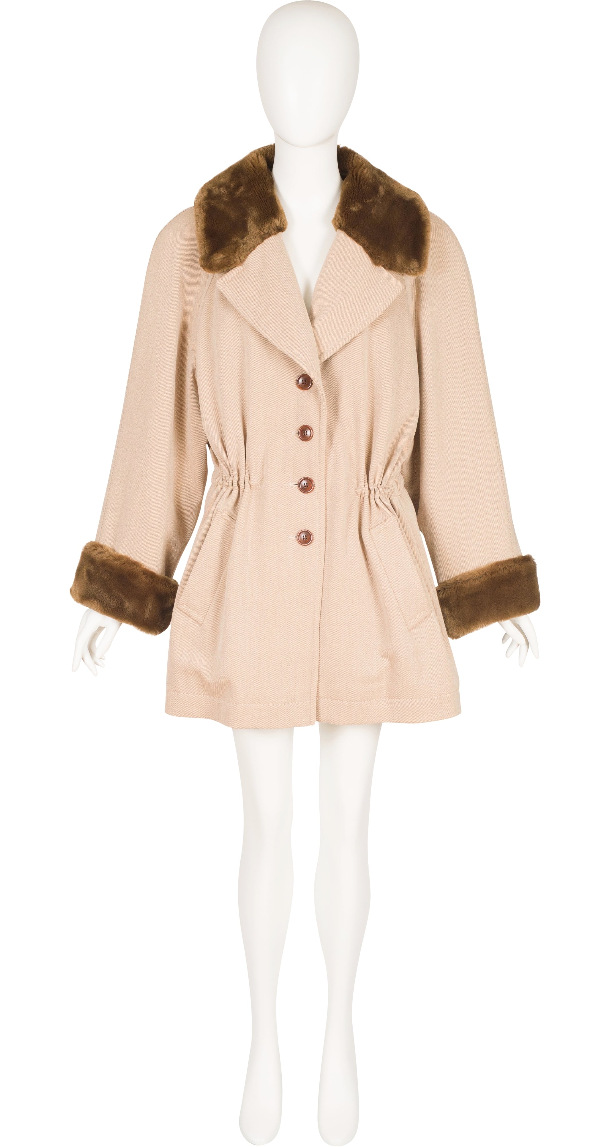 1990s Beige Wool Gabardine Faux Fur Trim Coat