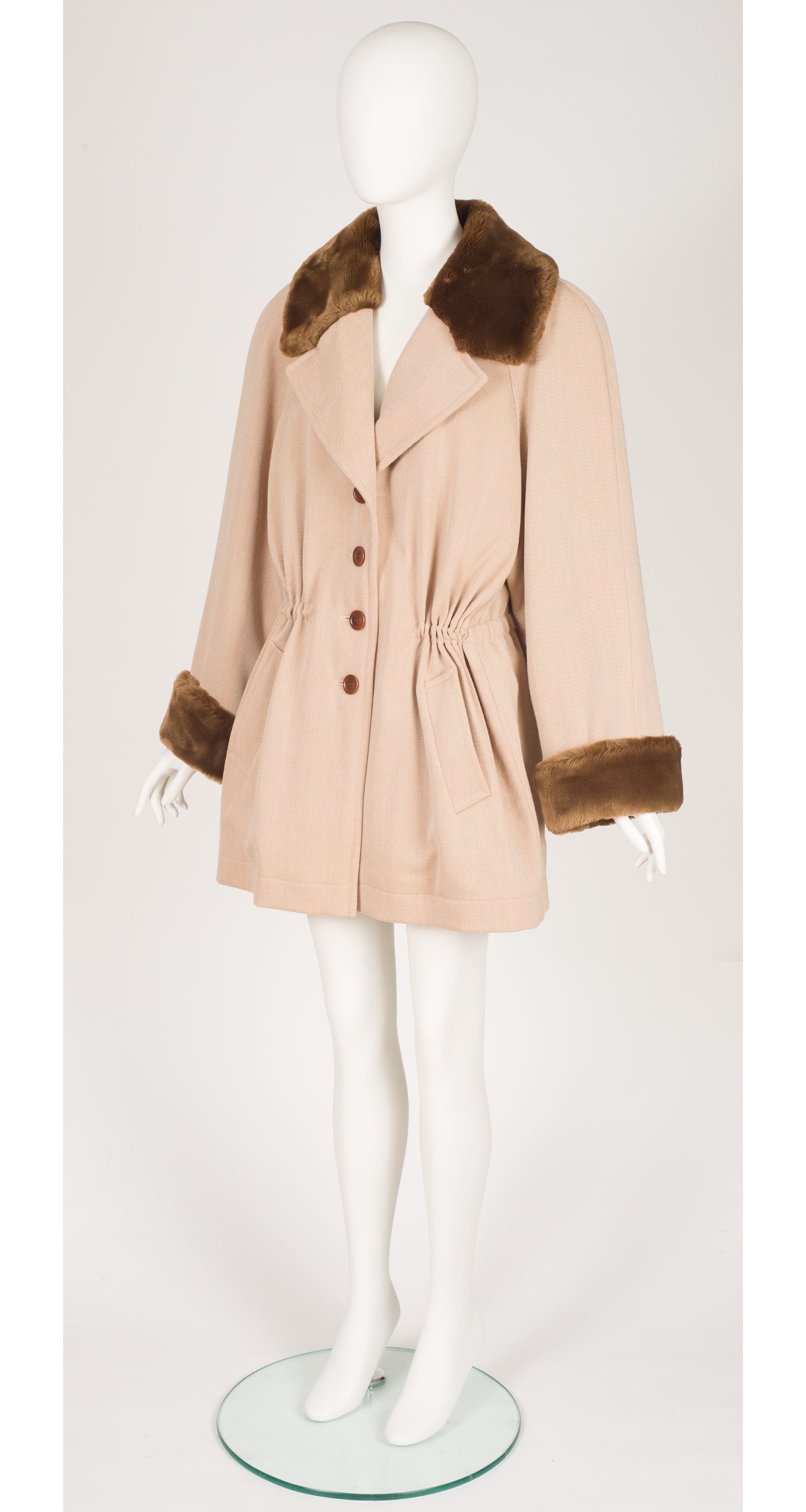 1990s Beige Wool Gabardine Faux Fur Trim Coat