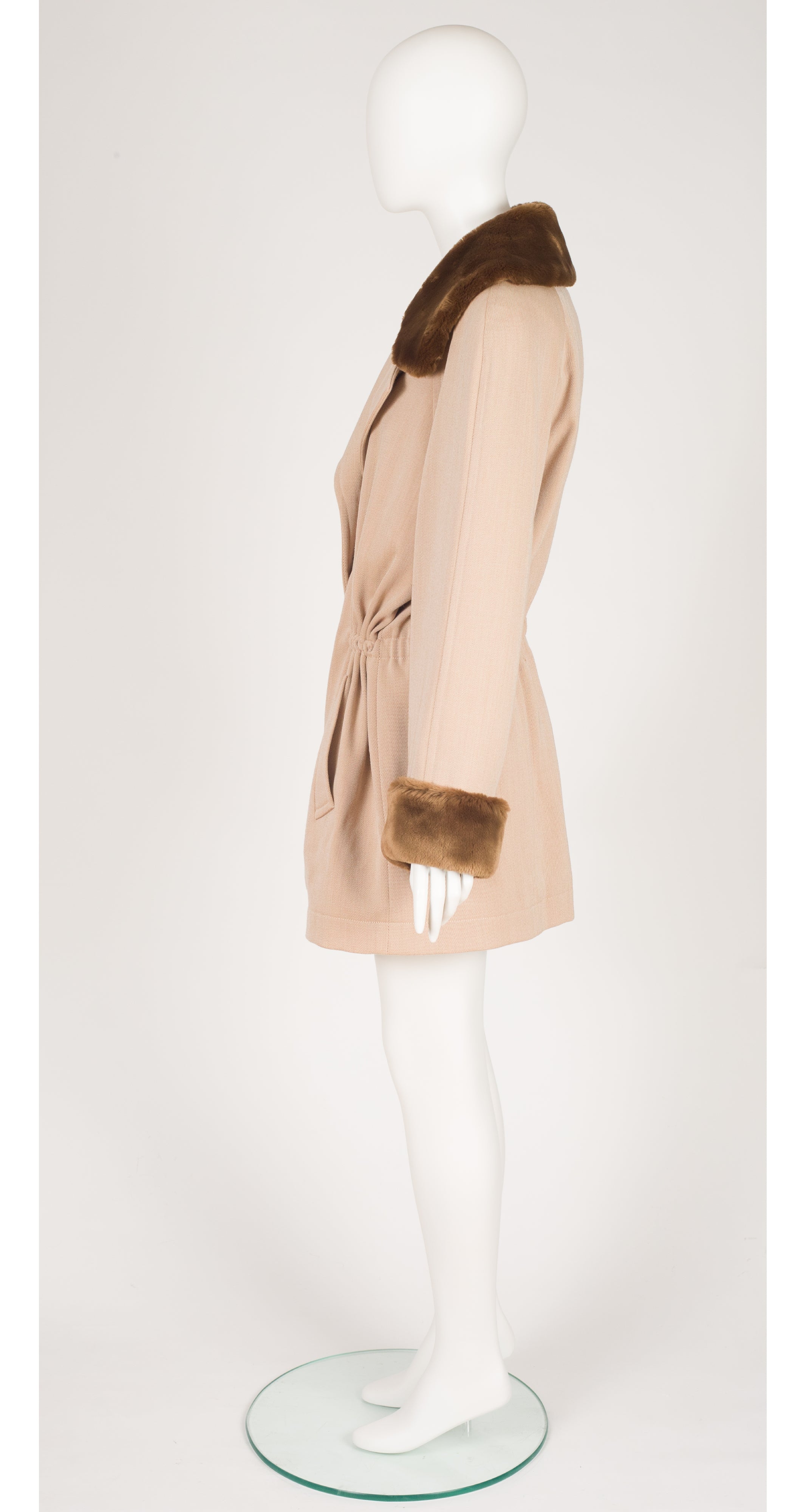 1990s Beige Wool Gabardine Faux Fur Trim Coat