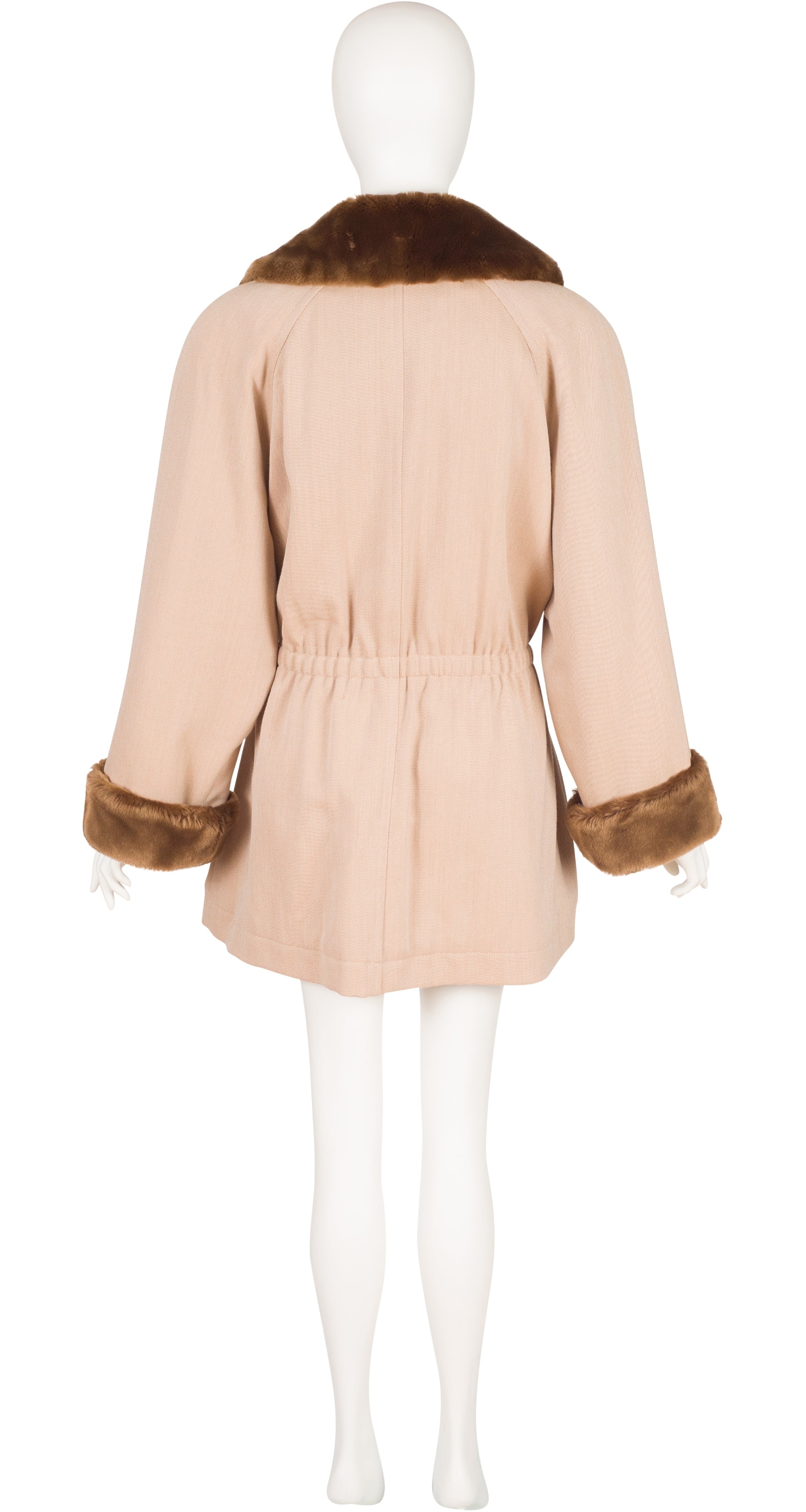 1990s Beige Wool Gabardine Faux Fur Trim Coat