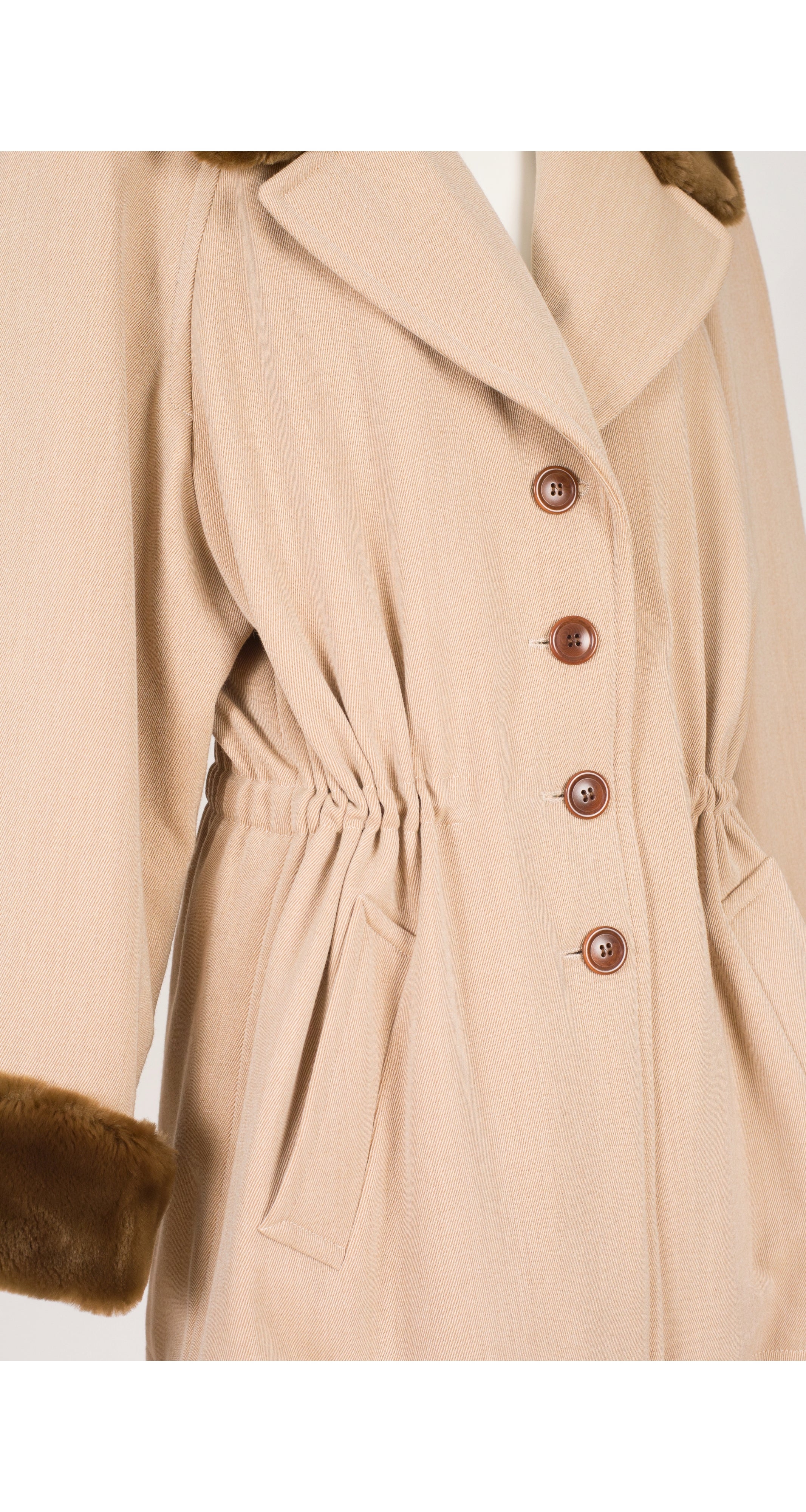1990s Beige Wool Gabardine Faux Fur Trim Coat