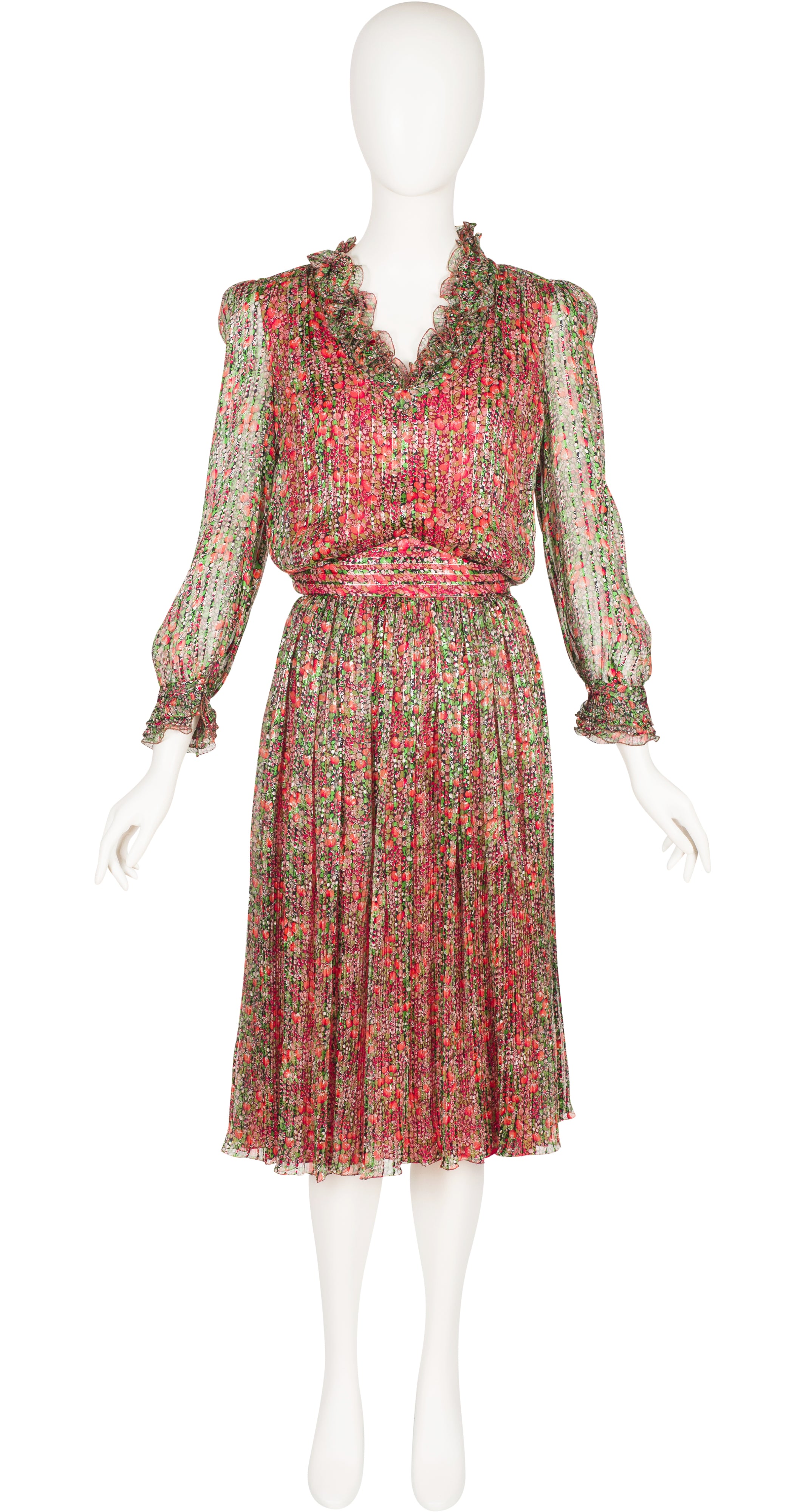 1980s Floral Print Lurex Silk Chiffon Pleated Evening Dress