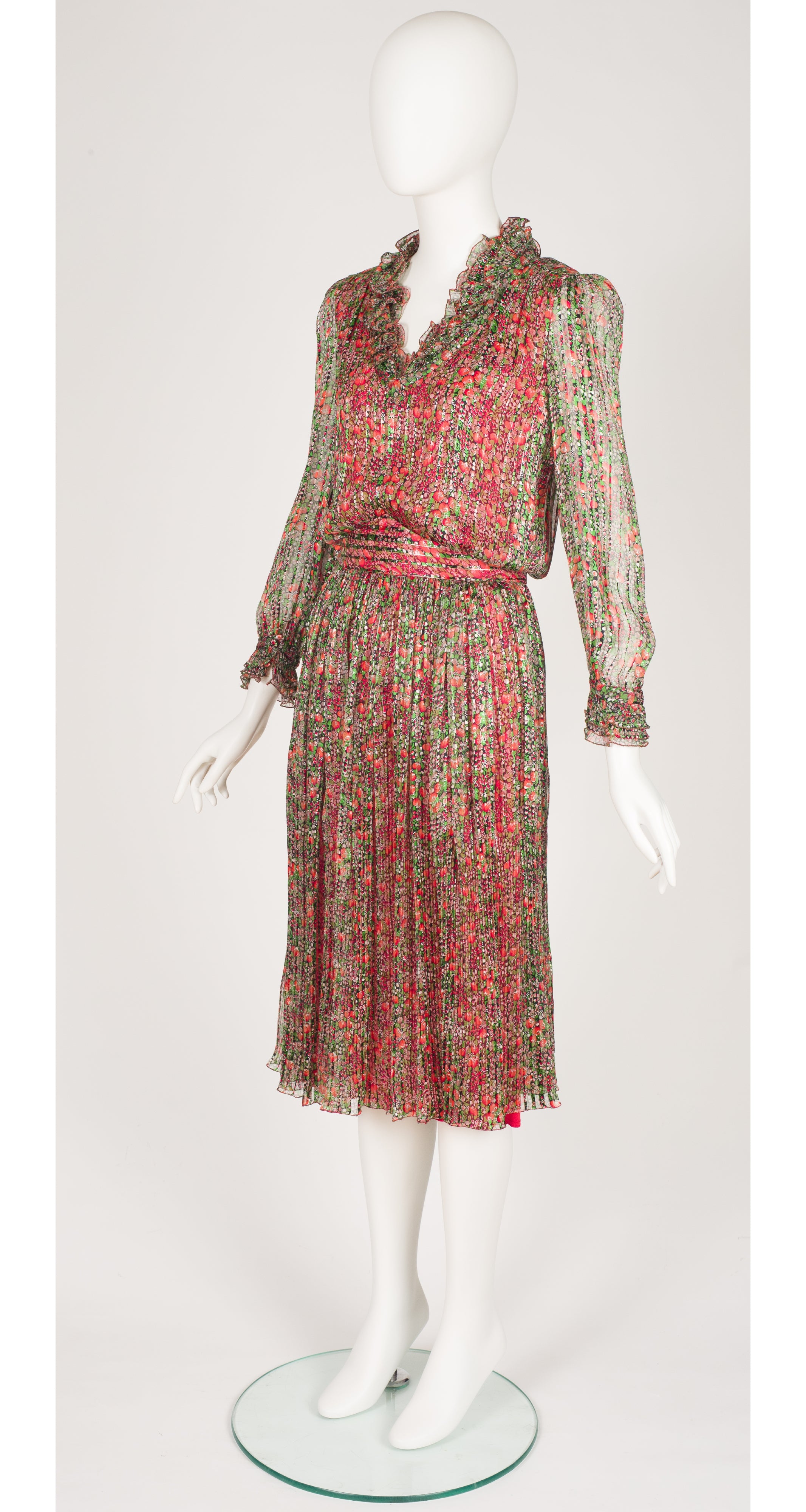 1980s Floral Print Lurex Silk Chiffon Pleated Evening Dress