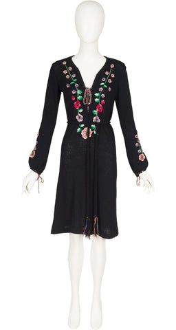 1970s Floral Embroidered Black Knit Belted Dress