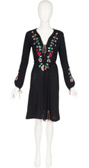 1970s Floral Embroidered Black Knit Belted Dress