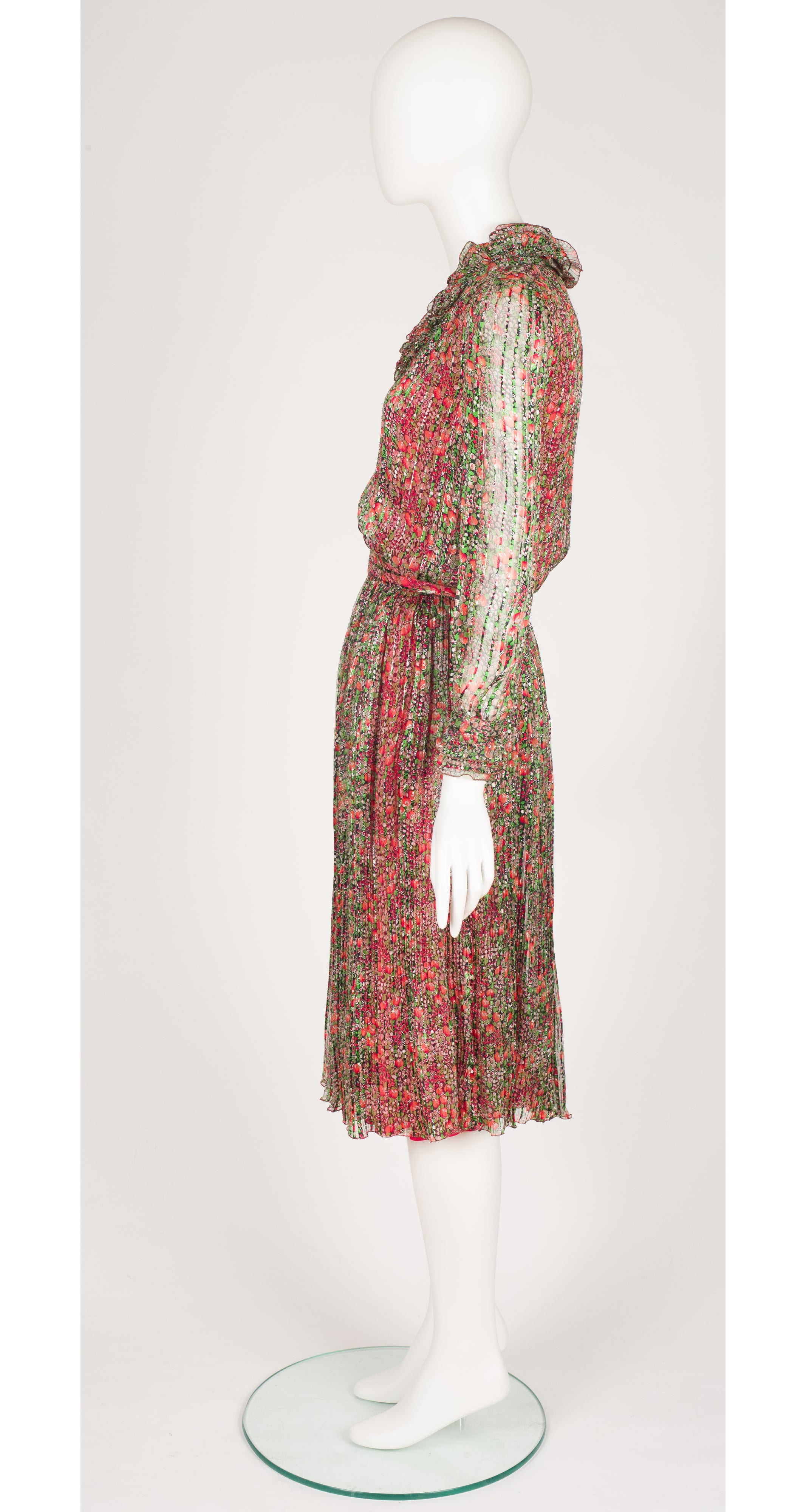 1980s Floral Print Lurex Silk Chiffon Pleated Evening Dress