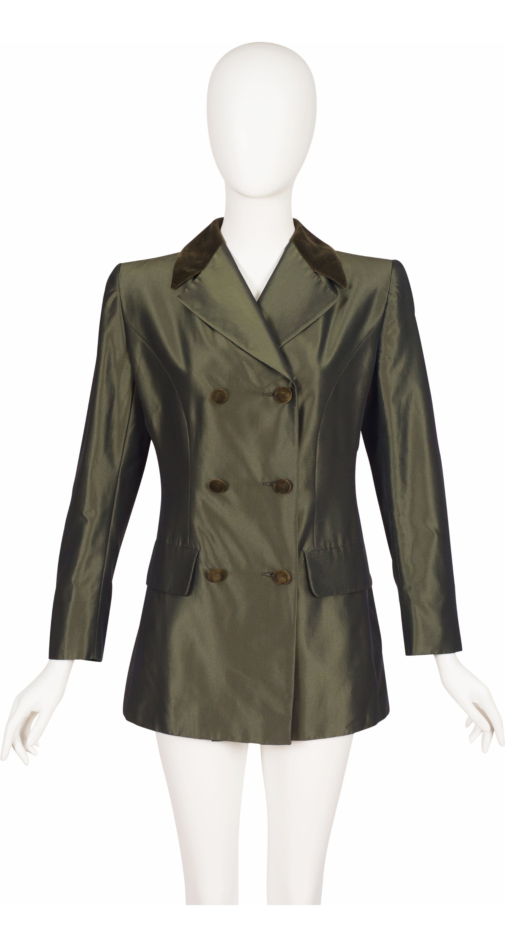 1990s Green Silk Taffeta Velvet Trim Double-Breasted Blazer