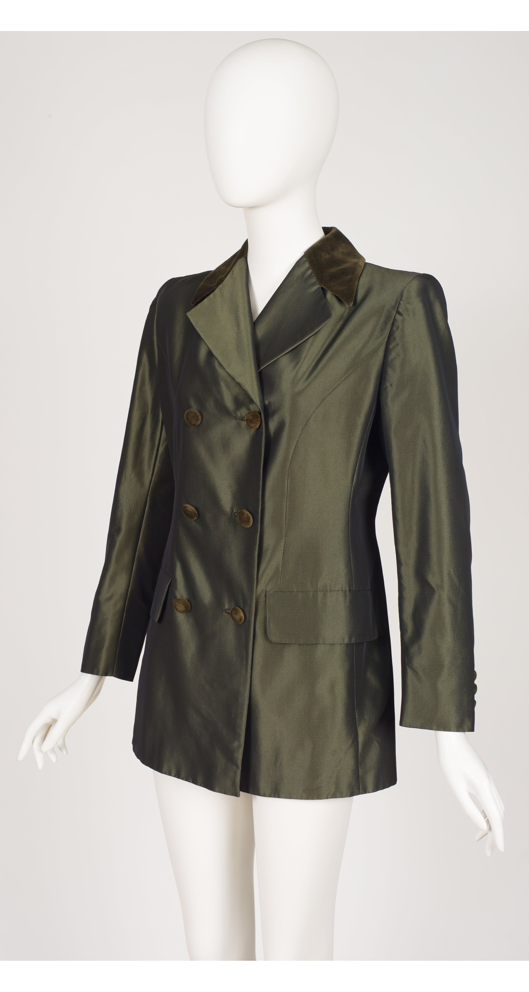 1990s Green Silk Taffeta Velvet Trim Double-Breasted Blazer