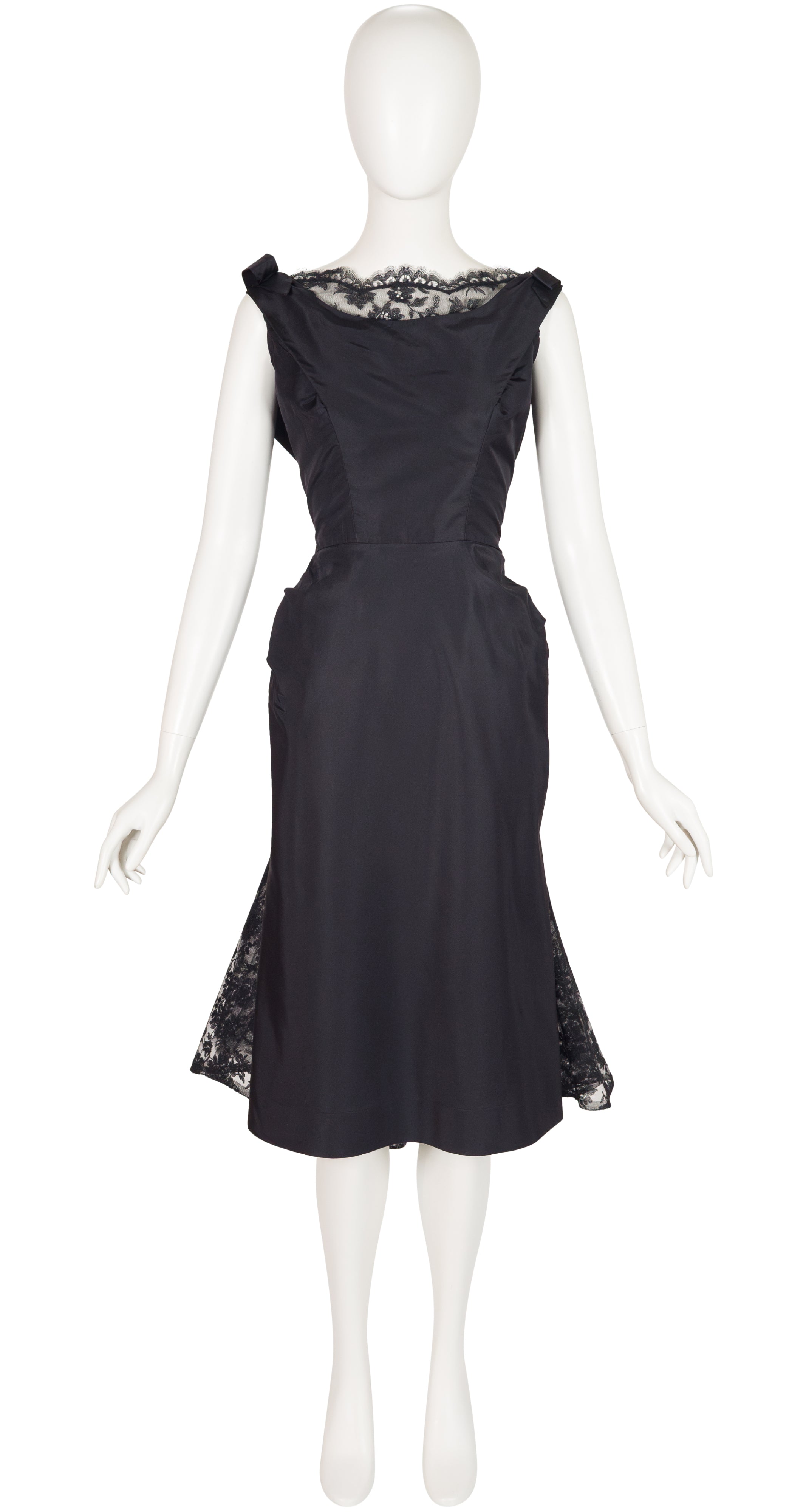1950s Black Silk Taffeta & Lace Bustle Cocktail Dress