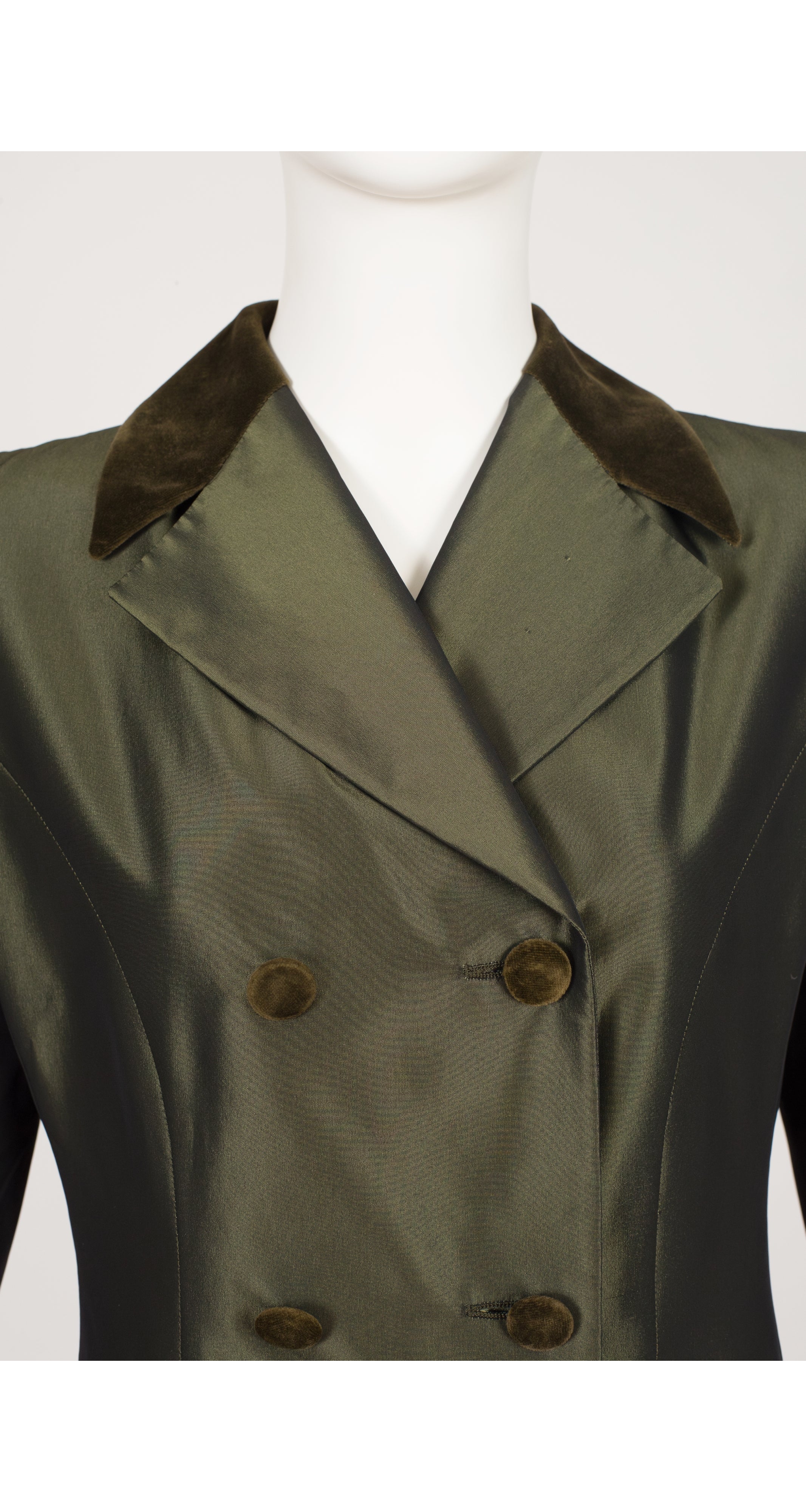 1990s Green Silk Taffeta Velvet Trim Double-Breasted Blazer
