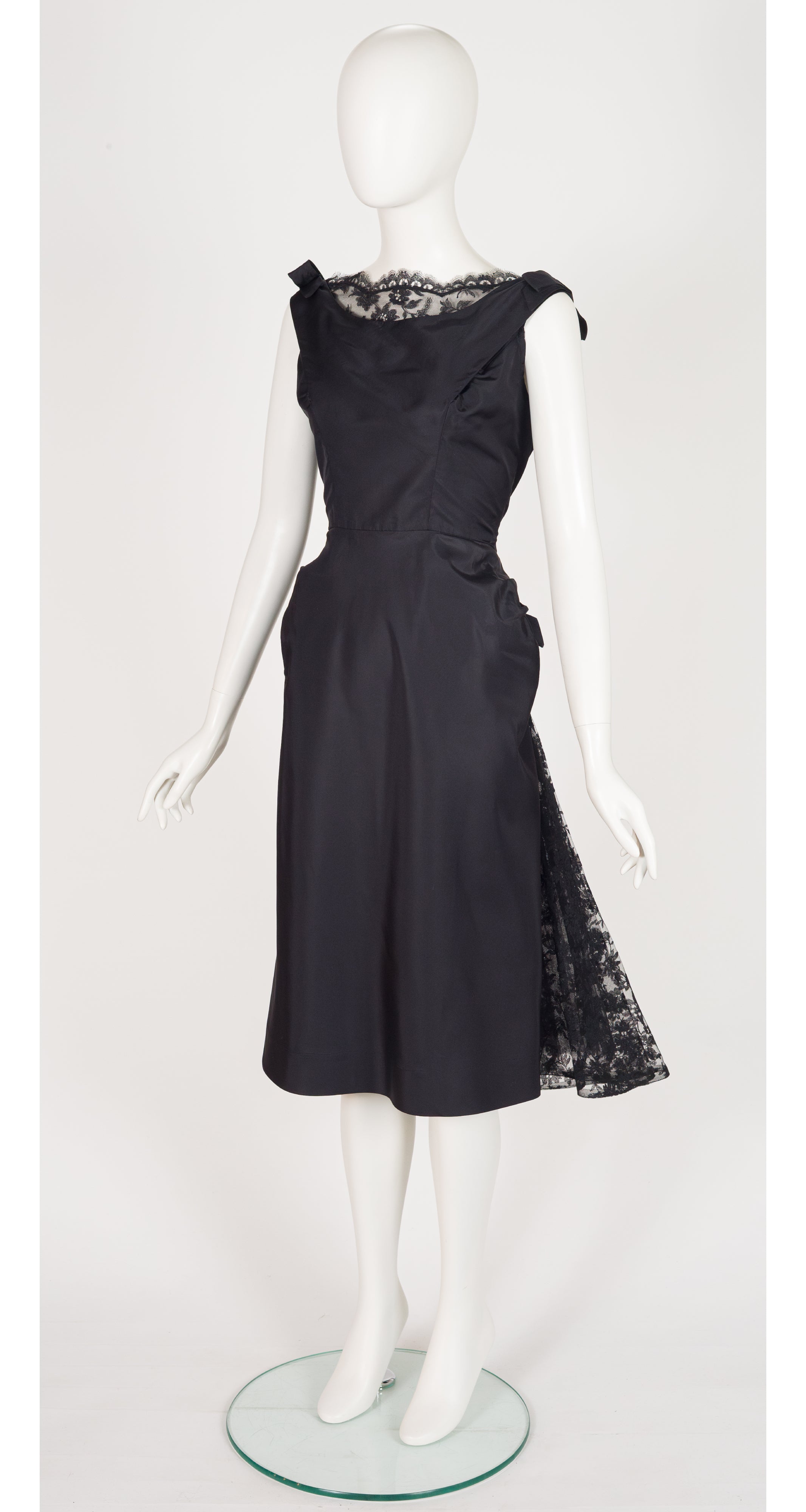1950s Black Silk Taffeta & Lace Bustle Cocktail Dress