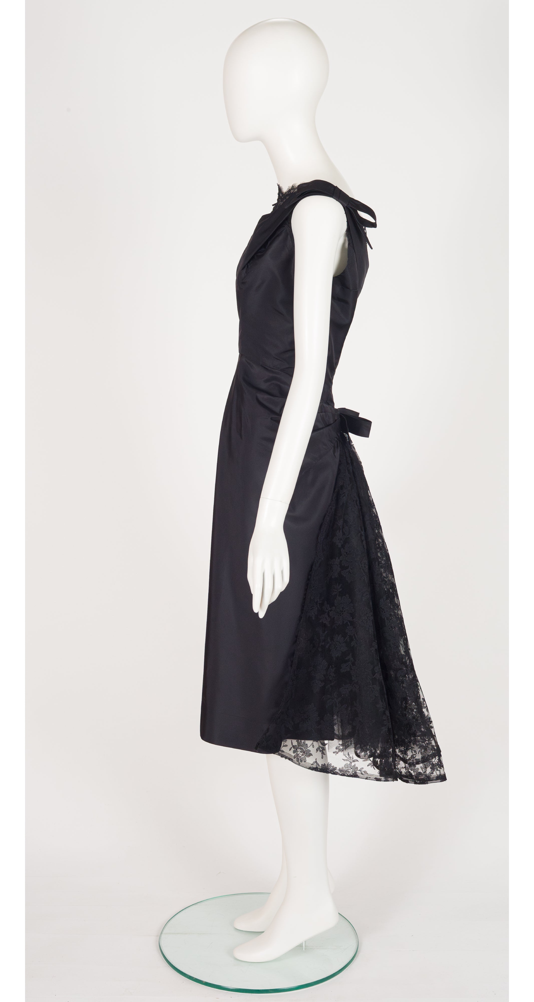 1950s Black Silk Taffeta & Lace Bustle Cocktail Dress