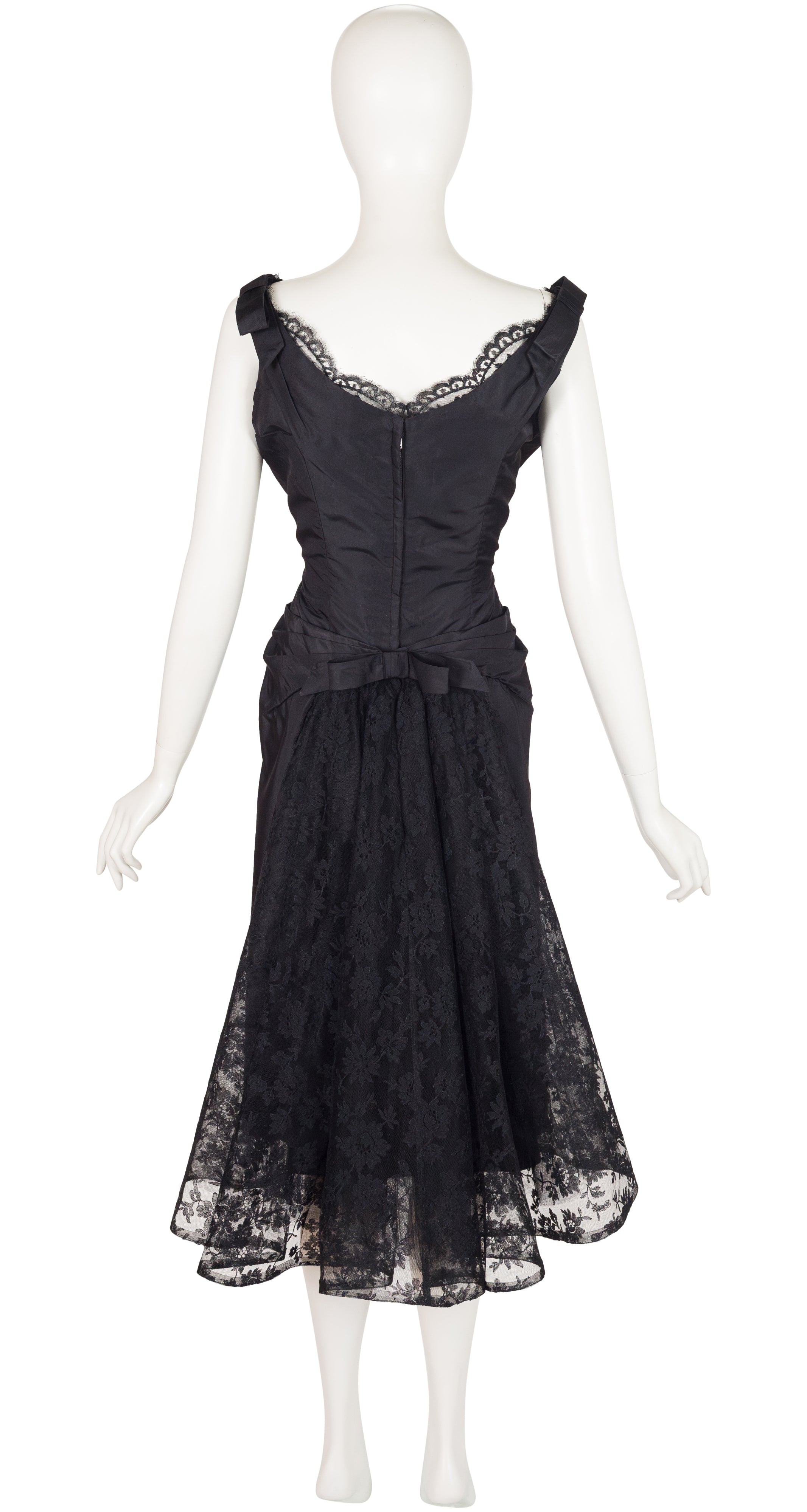 1950s Black Silk Taffeta & Lace Bustle Cocktail Dress