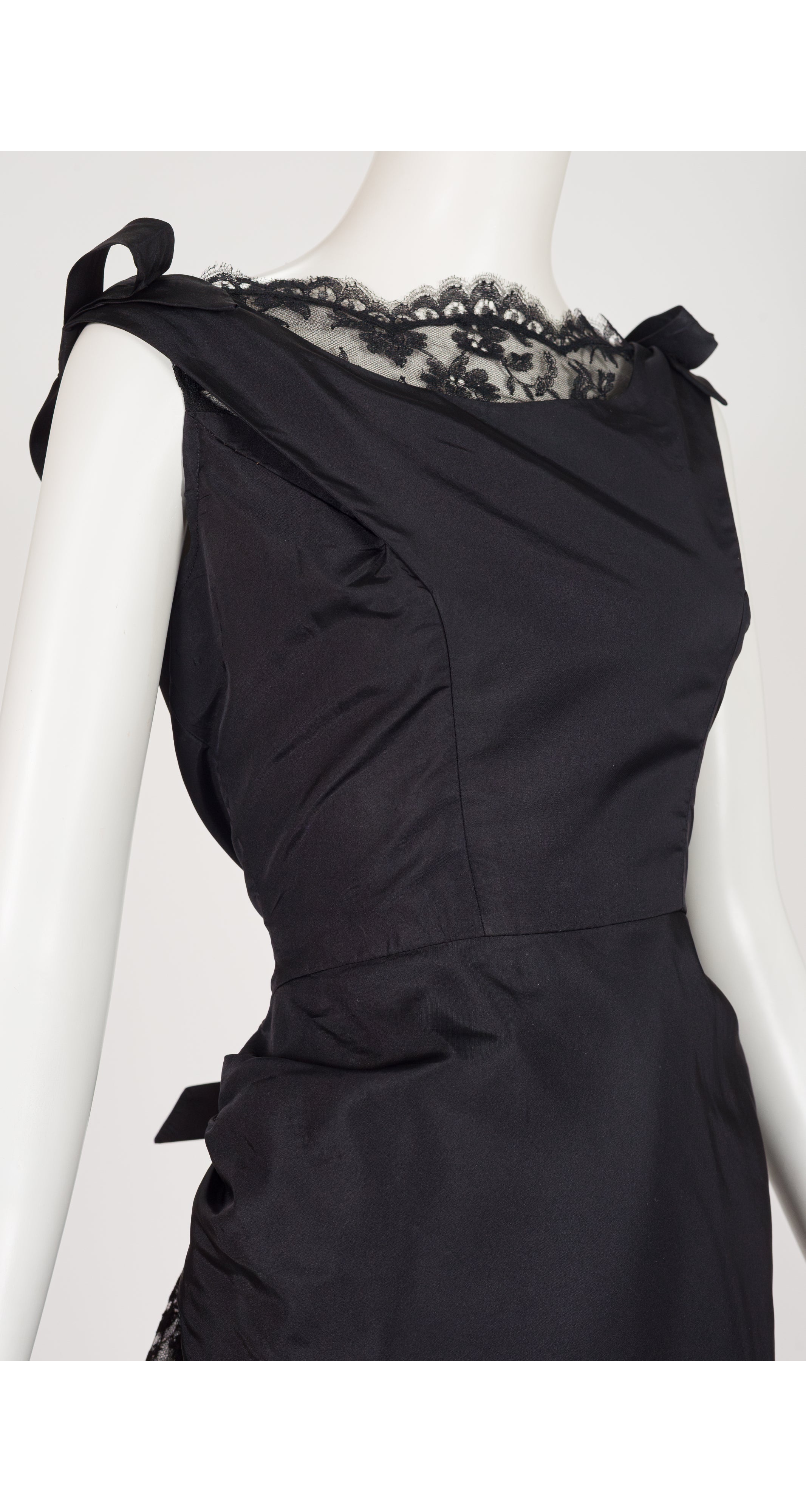 1950s Black Silk Taffeta & Lace Bustle Cocktail Dress