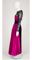 1980s Fuchsia Satin & Black Velvet Evening Gown