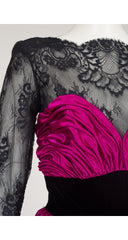1980s Fuchsia Satin & Black Velvet Evening Gown