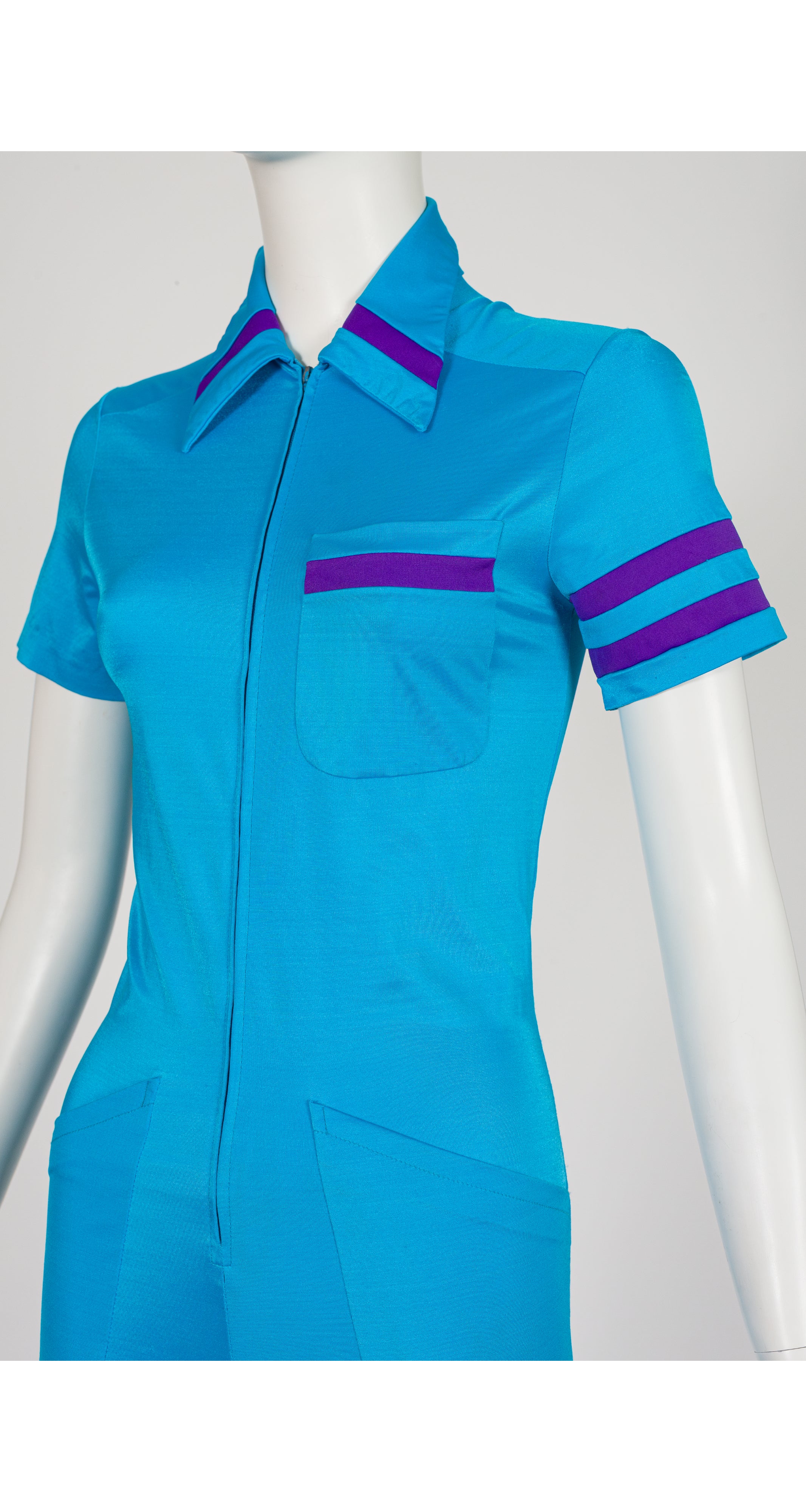 1970s Striped Blue Collared Zip-Up Jumpsuit