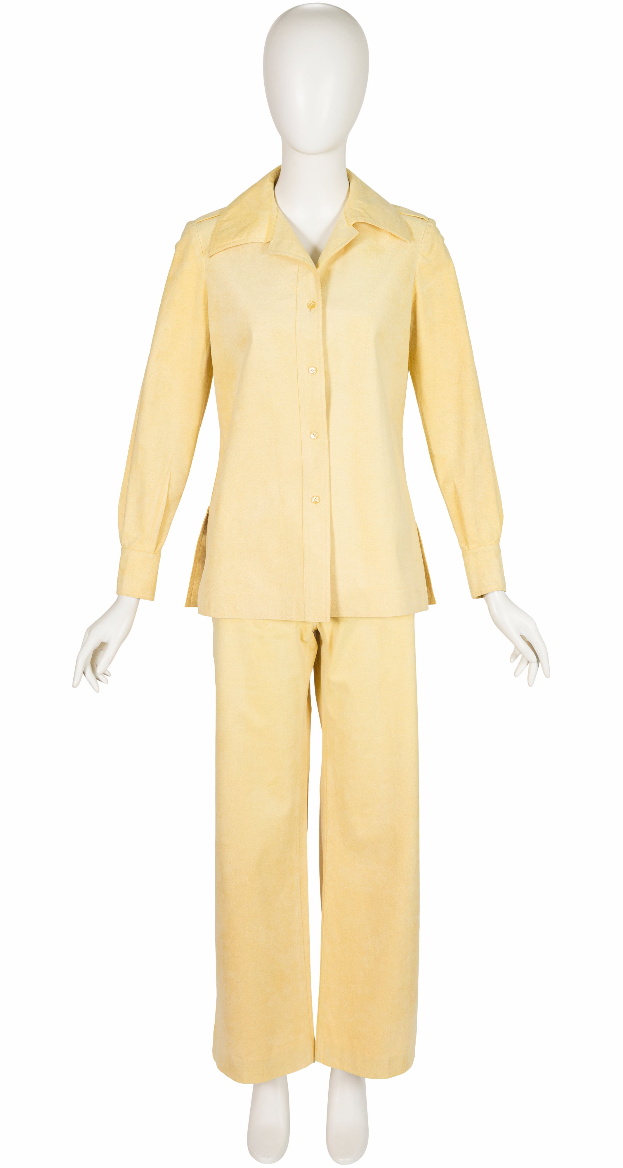 1973 S/S Pale Yellow Ultrasuede Collared Pant Suit