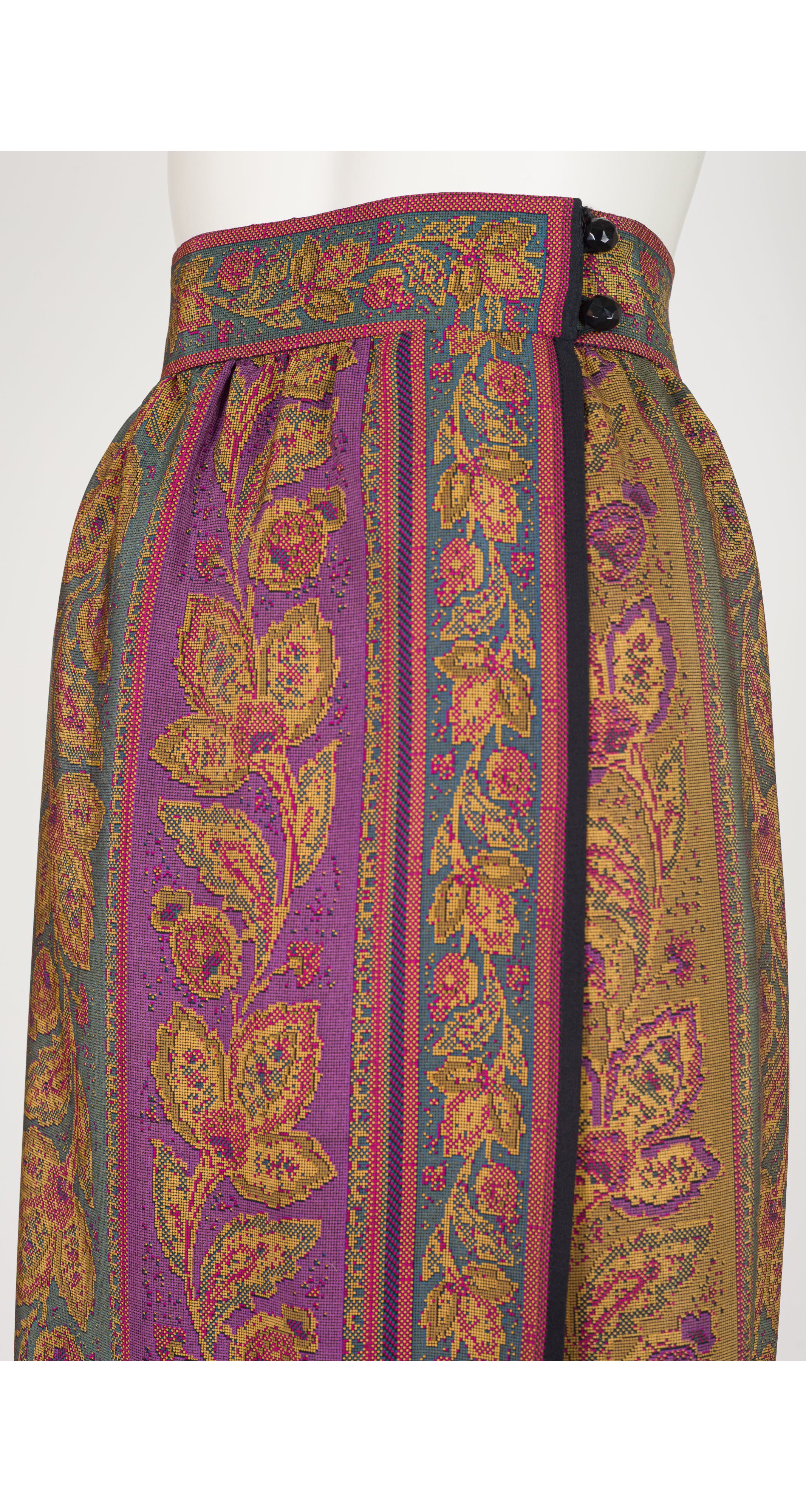 1980s Needlepoint Print Silk Wrap Midi Skirt