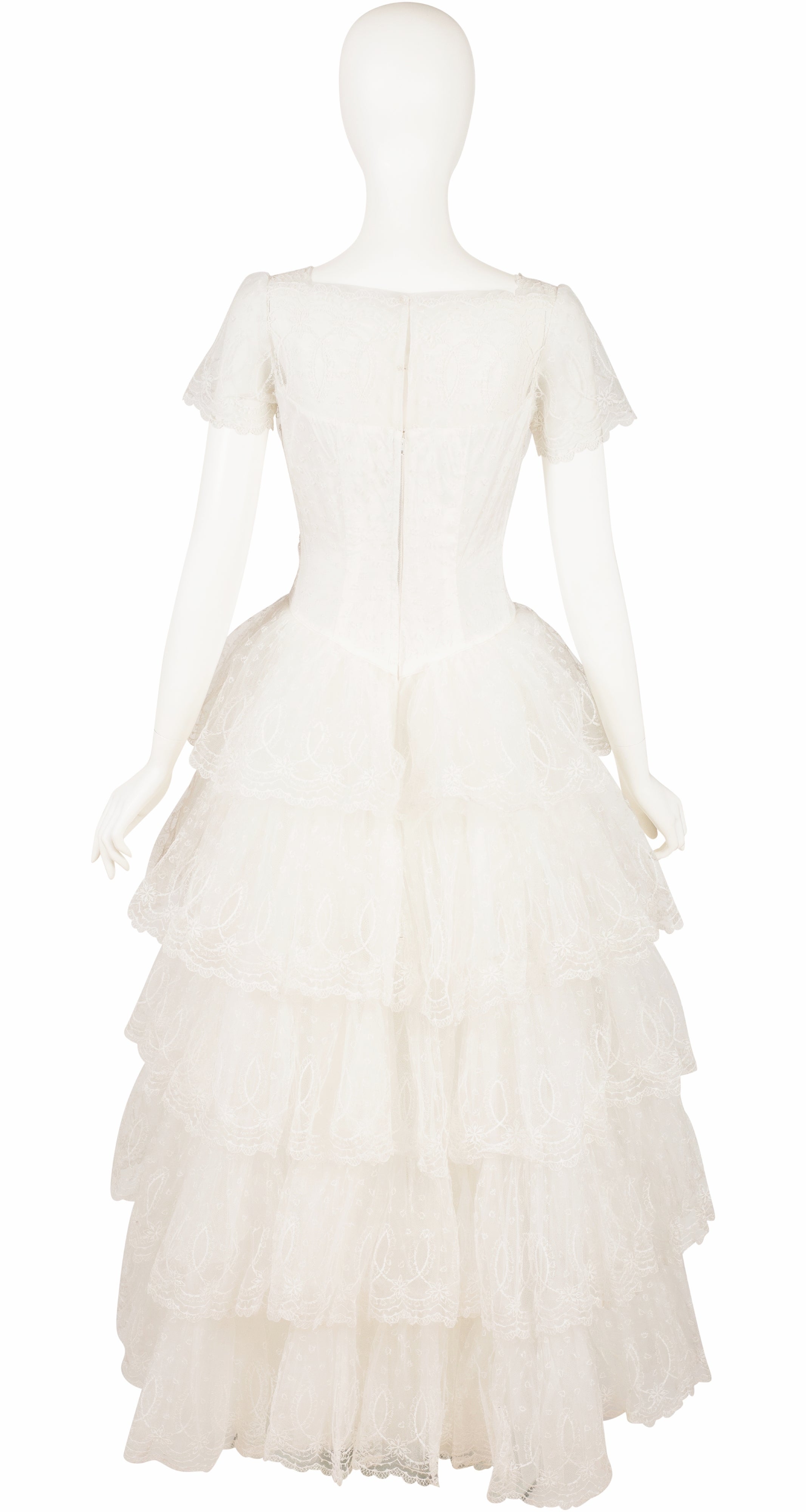 1950s White Lace Tiered Cupcake Wedding Dress