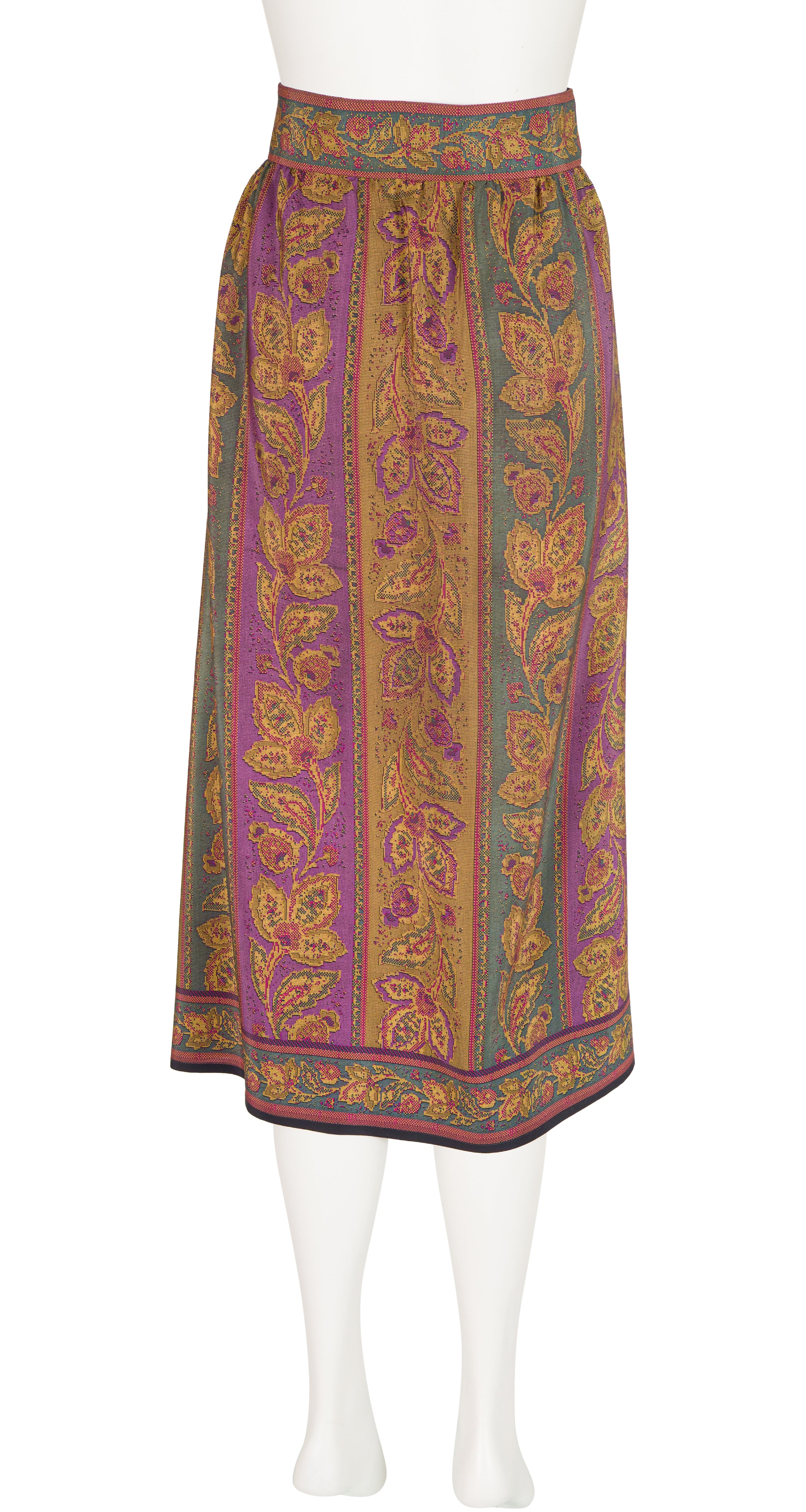 1980s Needlepoint Print Silk Wrap Midi Skirt
