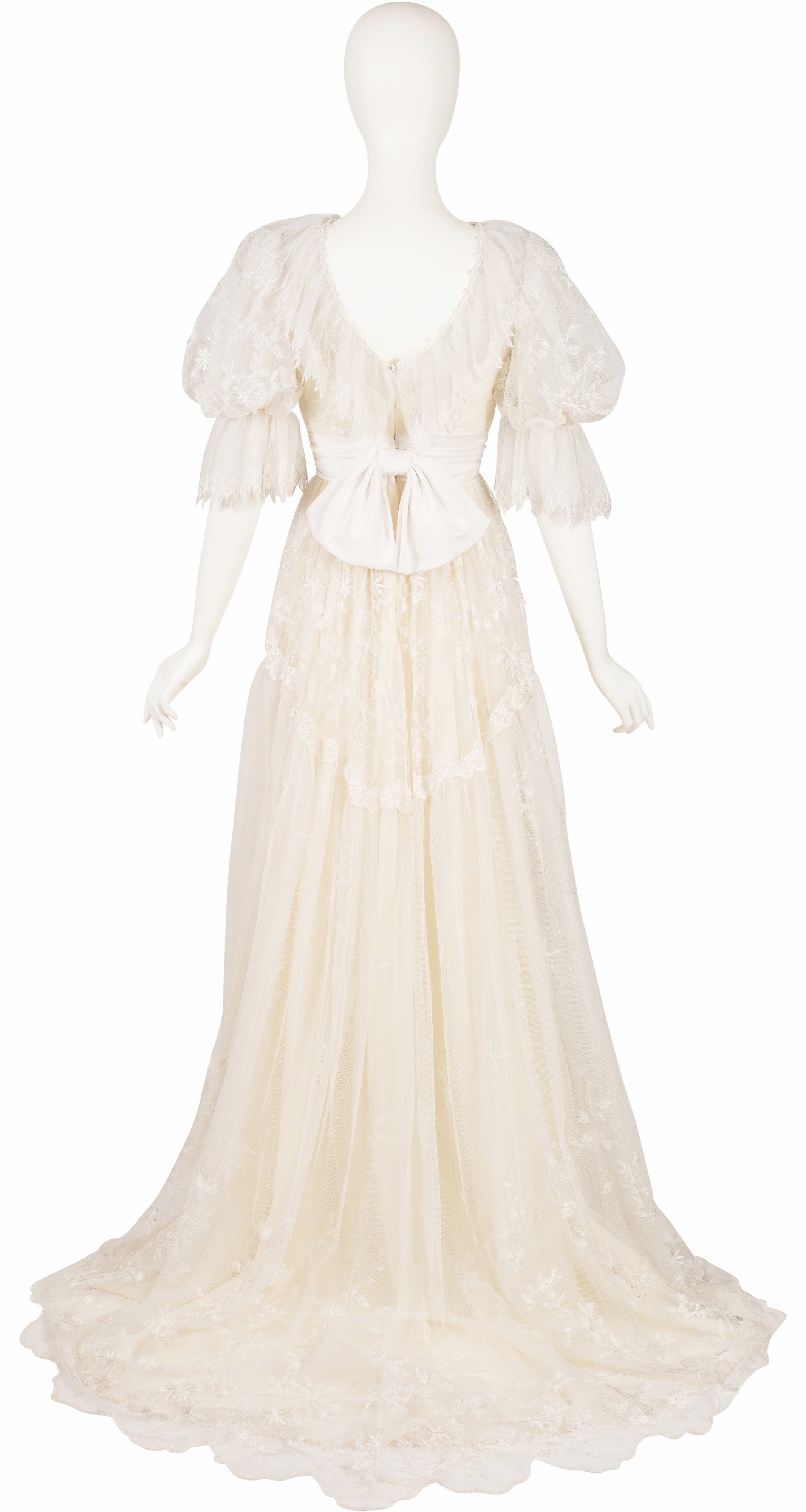 1980s Edwardian-Style Lace Puff Sleeve Wedding Dress